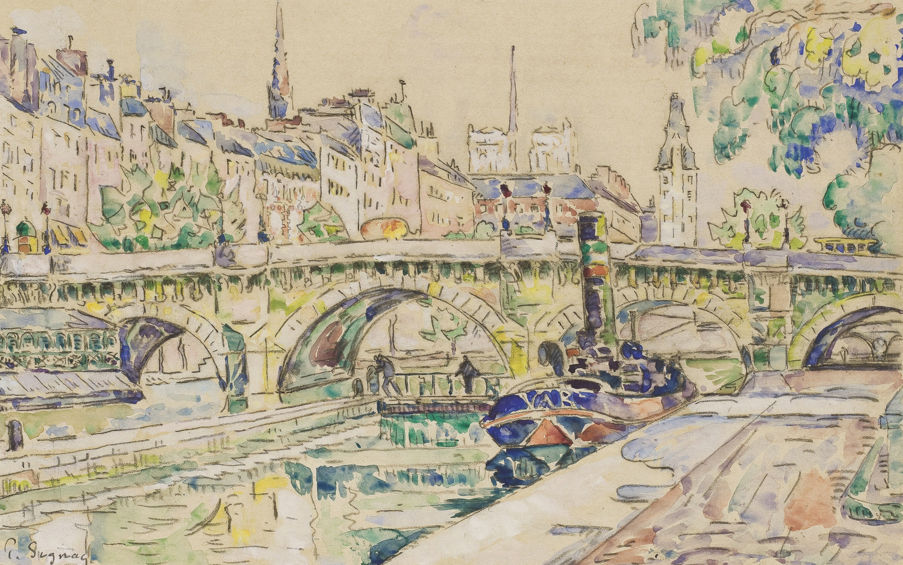 Boat Bridge Canal City Painting Paris Watercolor 3000x1876