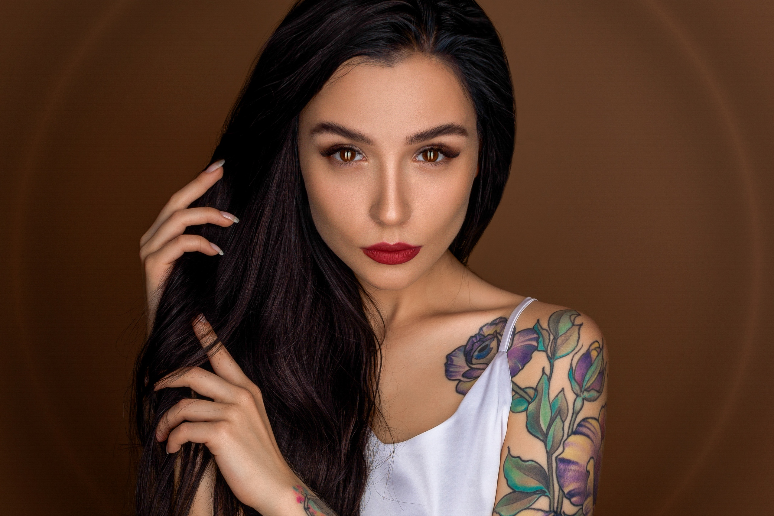 Dmitry Medved Women Brunette Makeup Tattoo Red Lipstick Looking At Viewer Simple Background Aleksa T 2560x1707