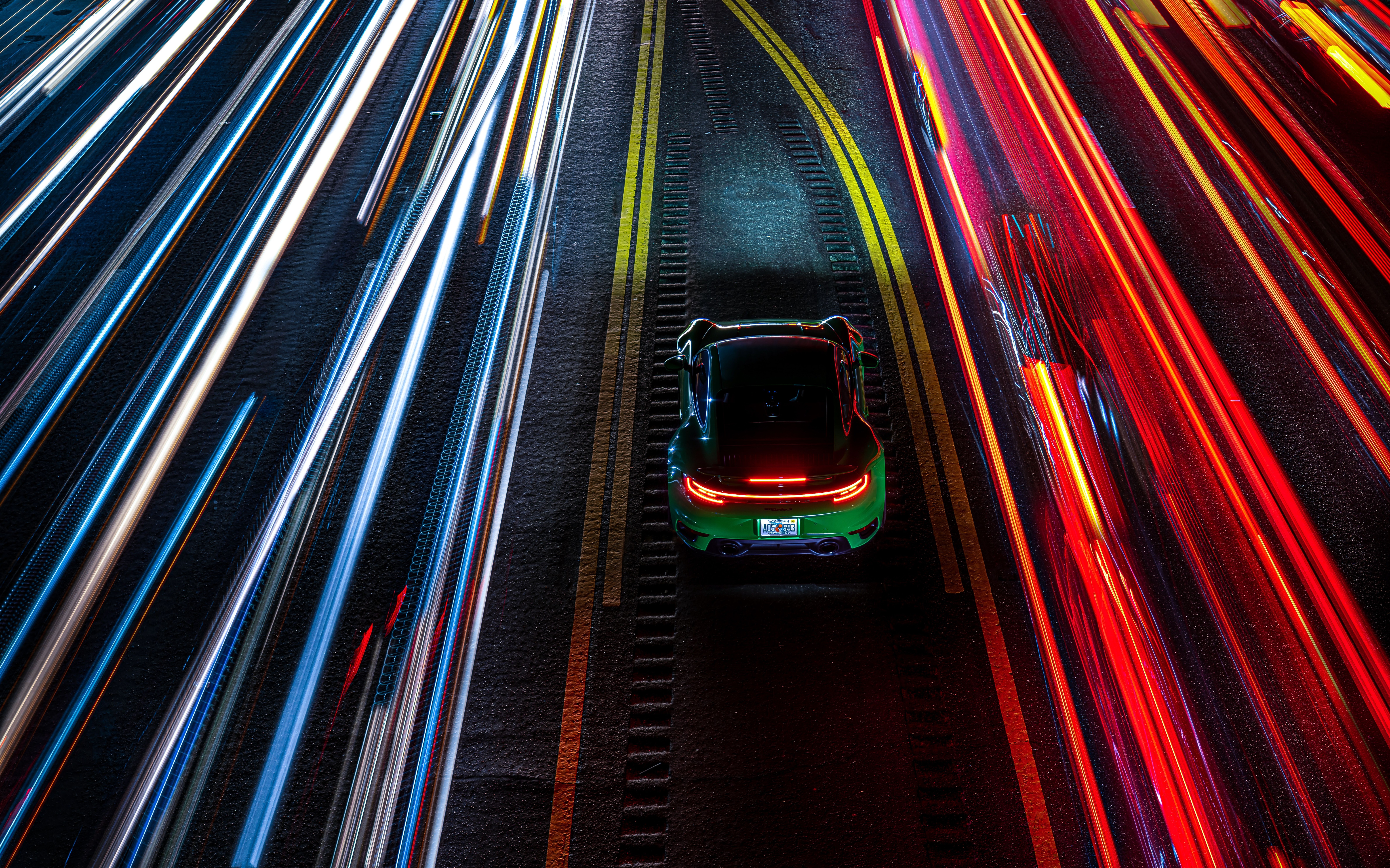 Photography Car Light Trails Porsche Lights Rear View Road Night Lines Long Exposure Green Cars Pors 7680x4800