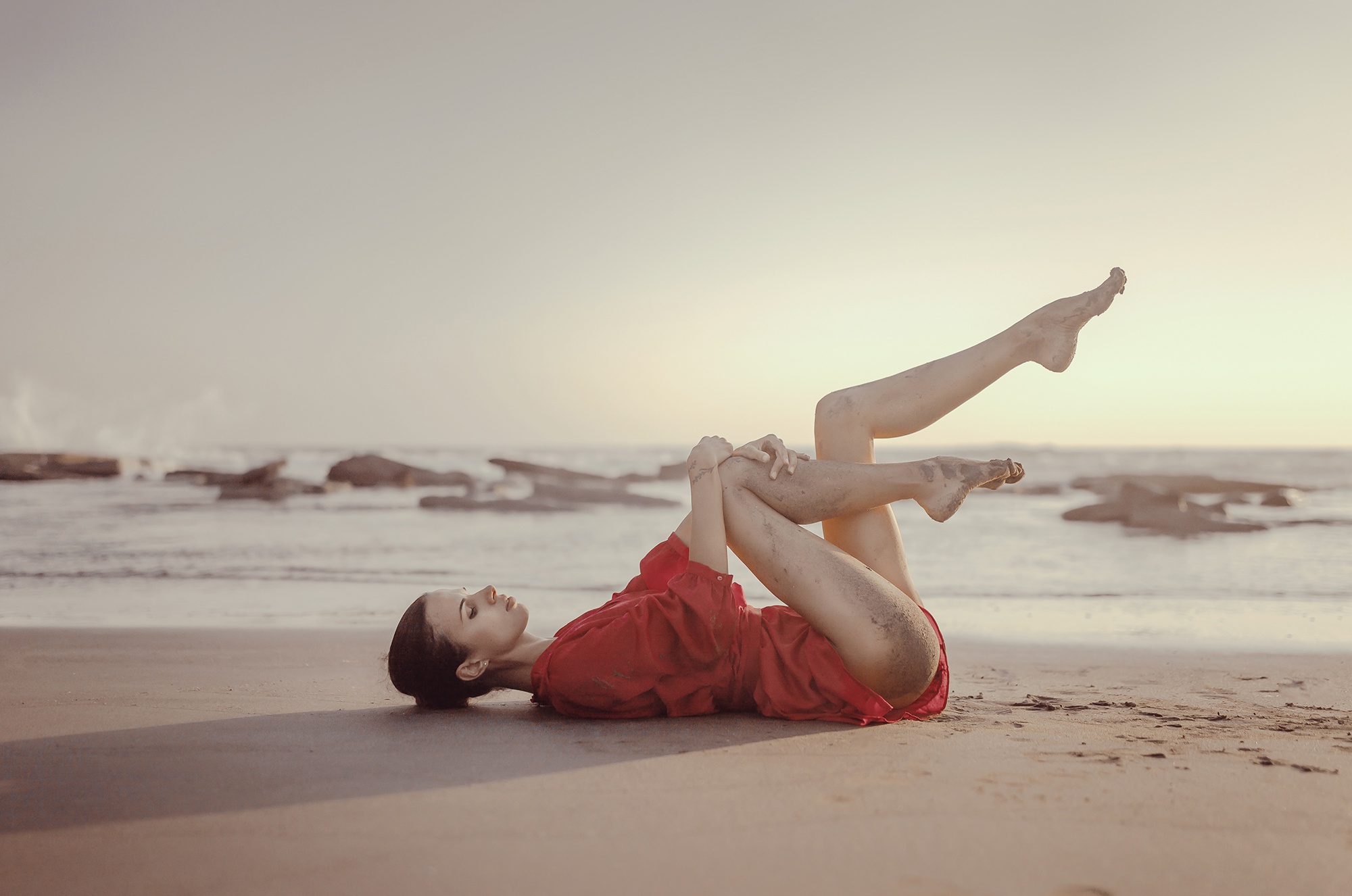 Andrew Gorelikov Model Women Brunette Legs Feet Barefoot Dress Red Dress Closed Eyes Sea Sand Sand C 2000x1326