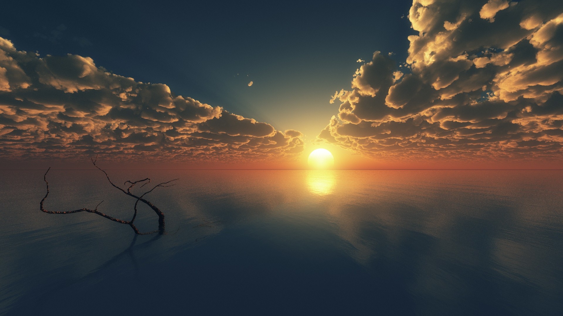 Cloud Driftwood Horizon Lake Sun Sunset 1920x1080