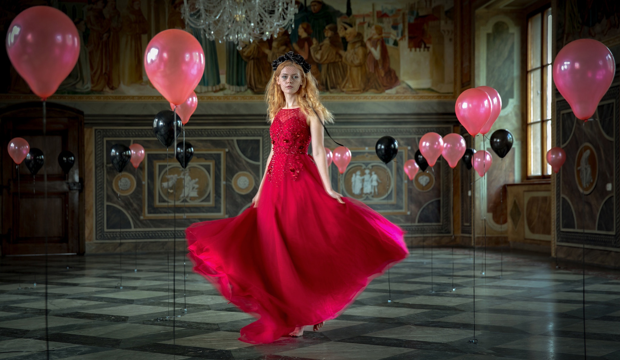 Balloon Girl Model Red Dress Redhead Woman 2048x1190