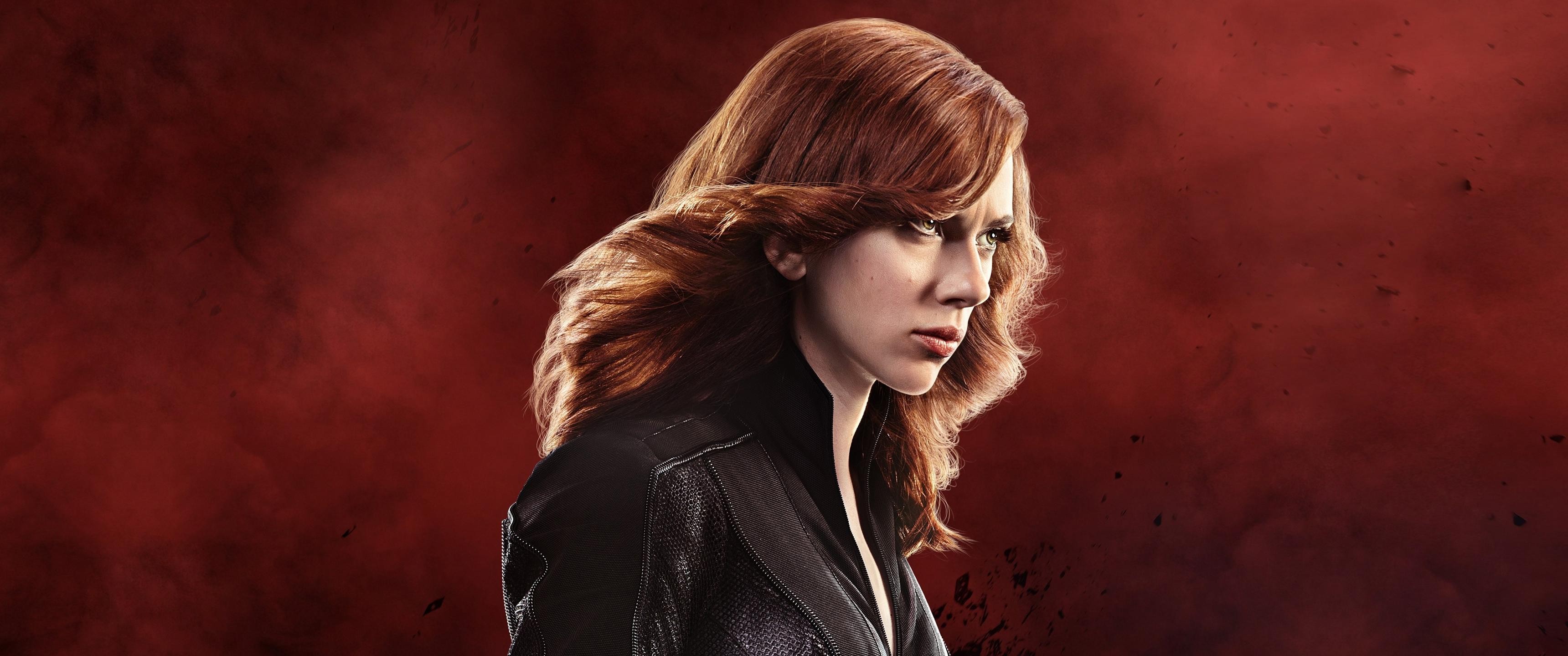Scarlett Johansson Actress Red Background Redhead The Avengers Women Black Widow 3440x1440