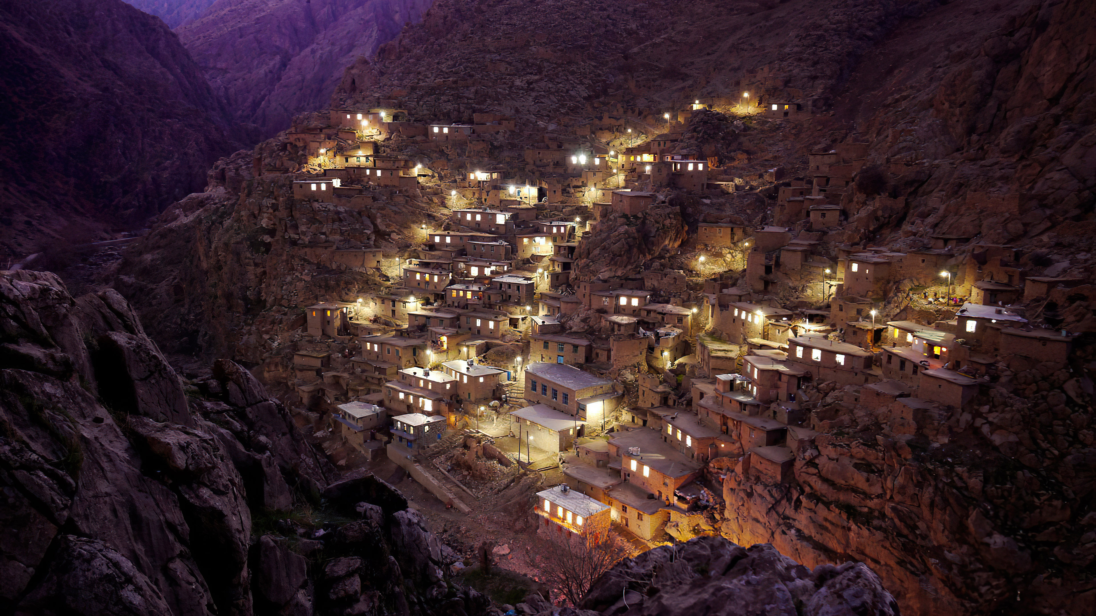 Village Mountains Landscape Iran Rocky Mountains Night Long Exposure 3840x2160
