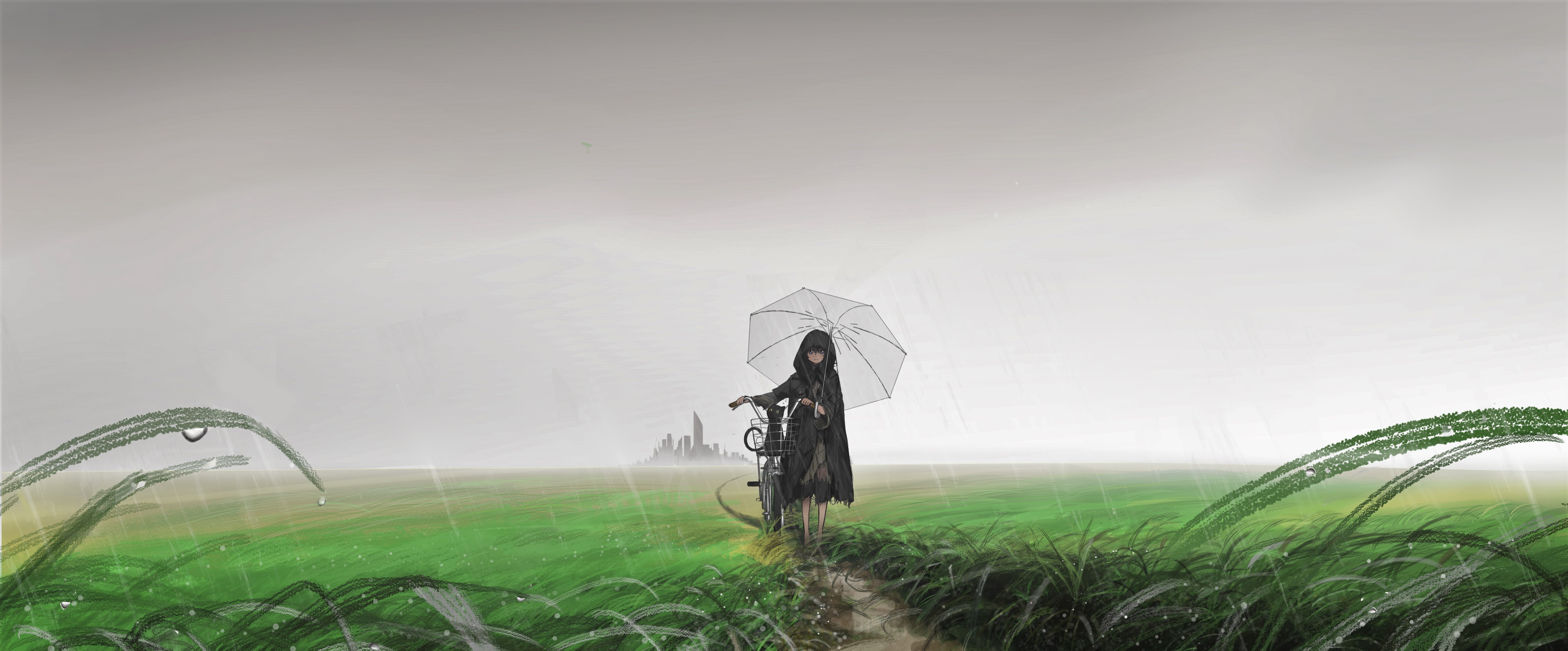 Anime Girls Original Characters Umbrella Rain Field Bicycle Cats Grass 4000x1660