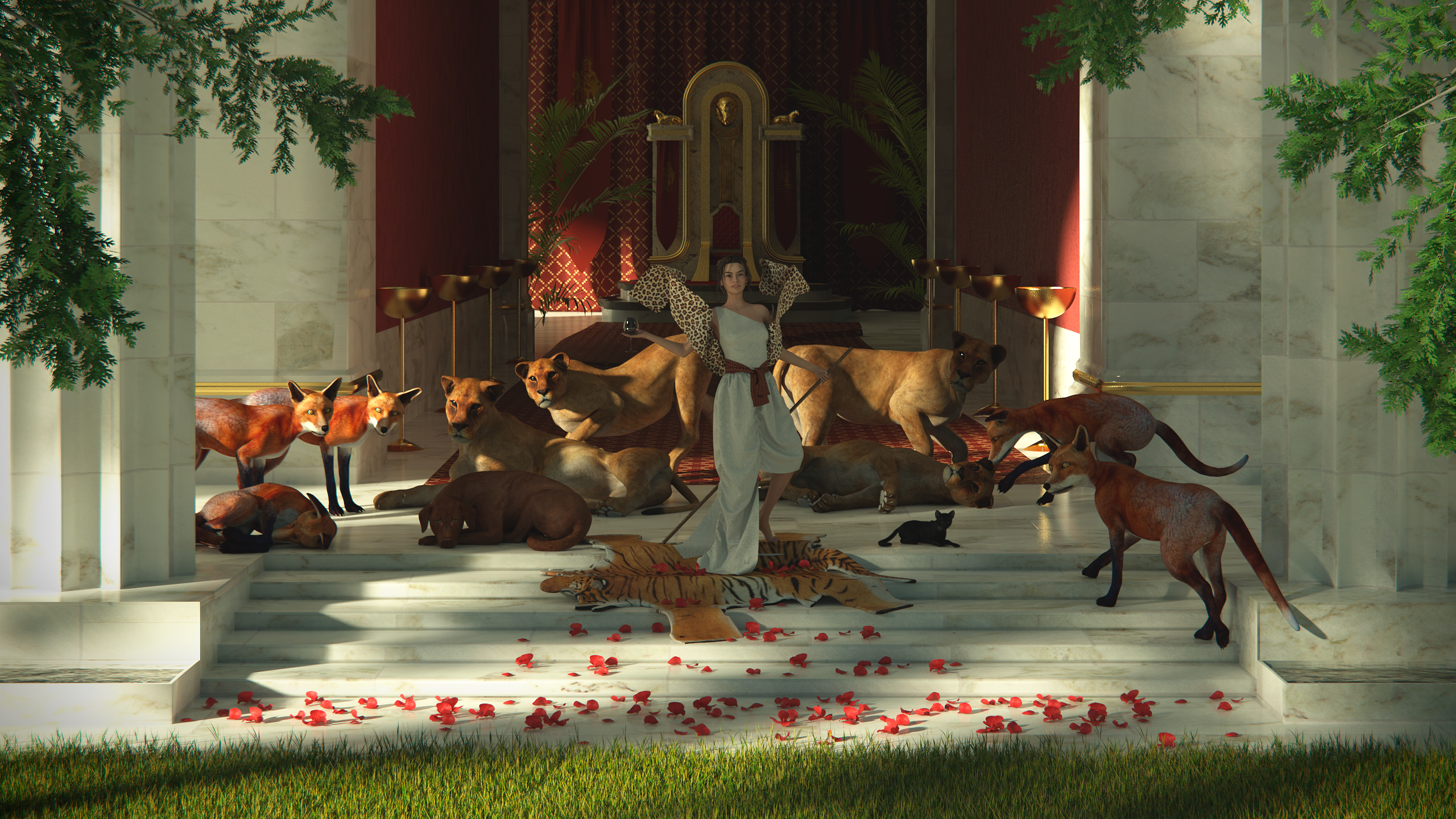 CGi Digital Art Blender Render Rendering Ancient Greek Greek Mythology Circe Palace Marble Plants Li 2560x1440