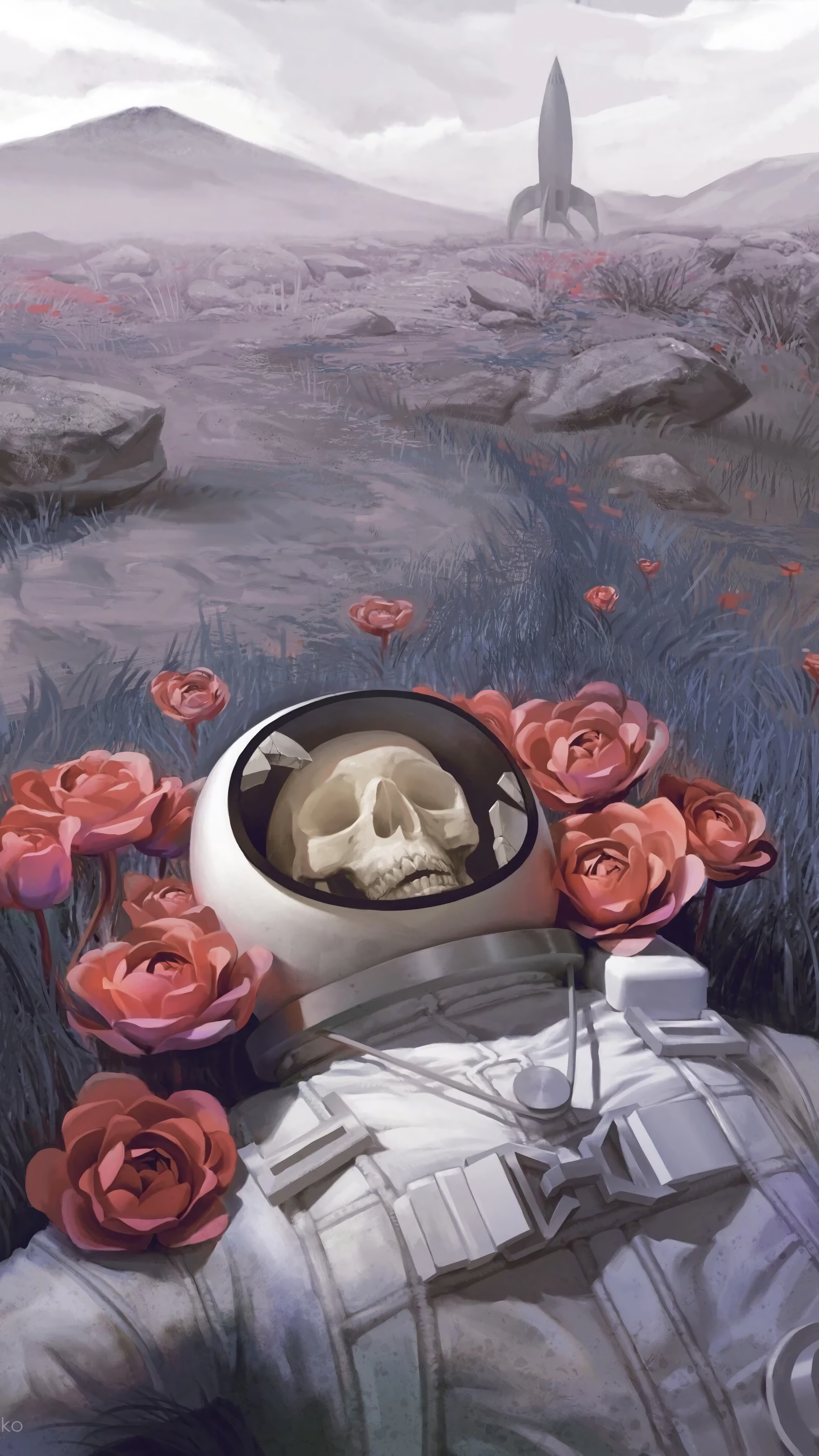 Artwork Digital Art Roses Flowers Astronaut Science Fiction Skull Spaceship 2304x4096