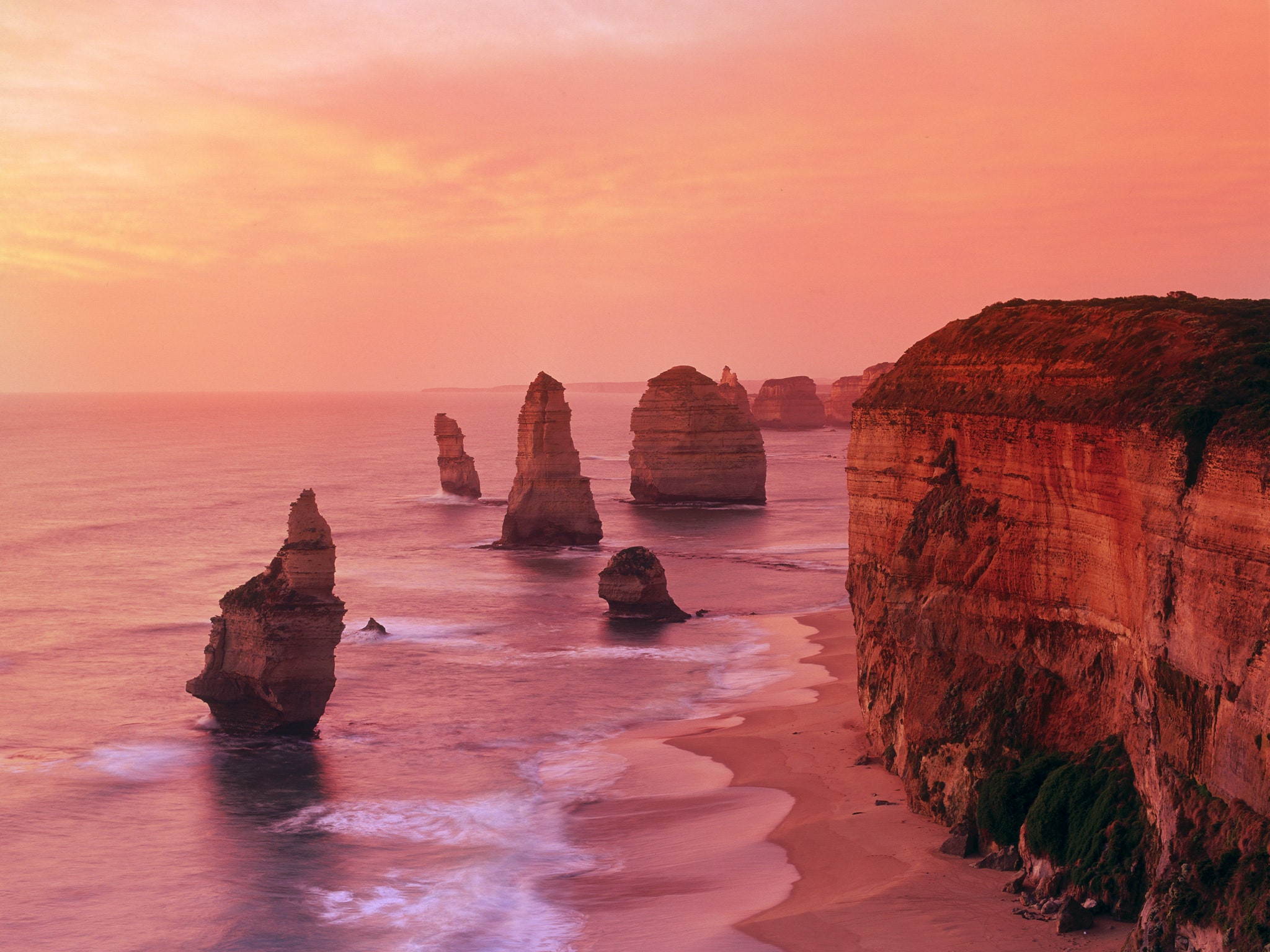 Sunset Twelve Apostles Pink Landscape Nature Sea Haystack Rock Rocks Australia Sunrise Sky Water Mor 2048x1536