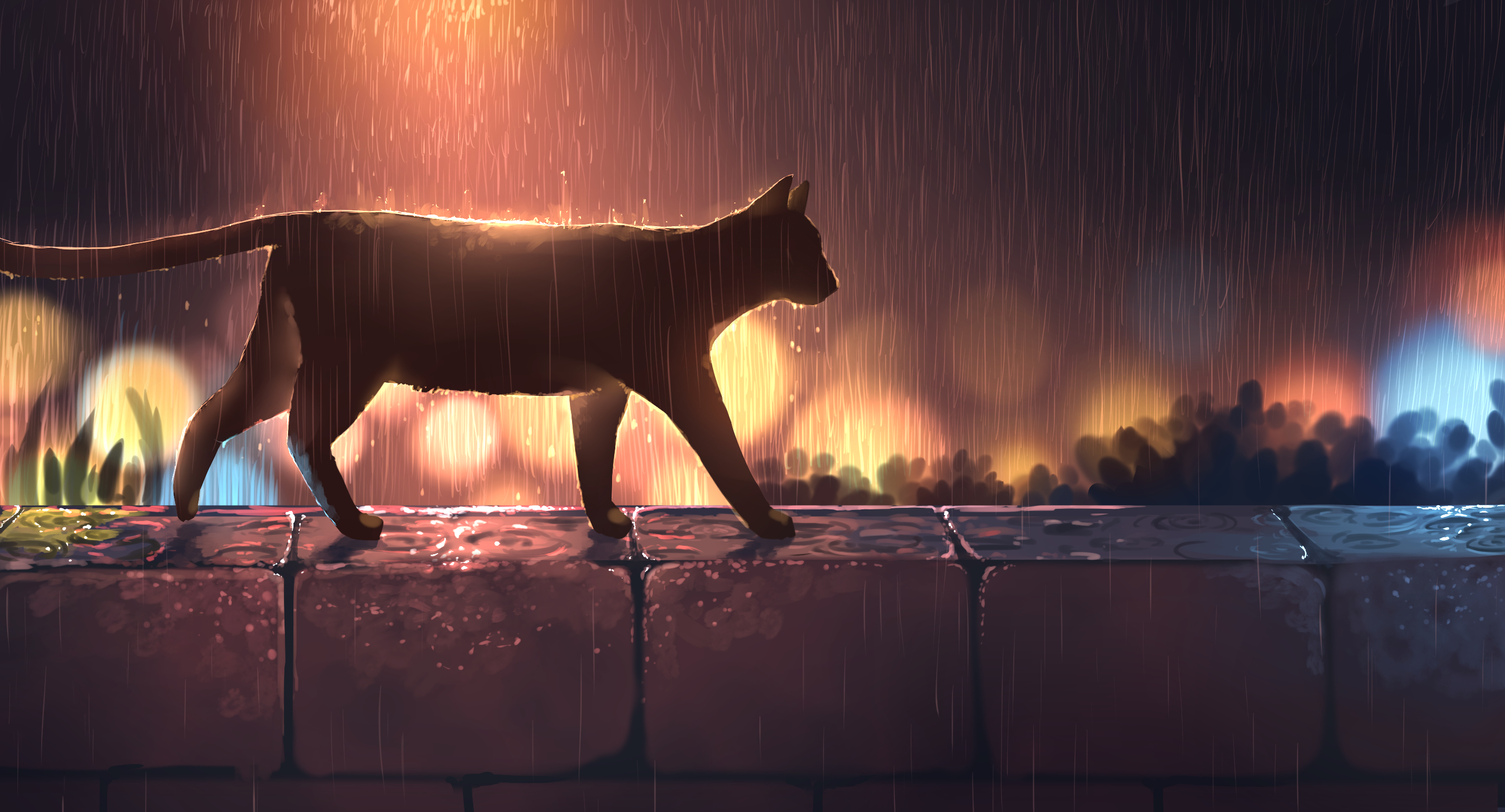 Digital Art Artwork Illustration Night Lights Rain Cats Night View Wall Water Drops Water 2852x1540