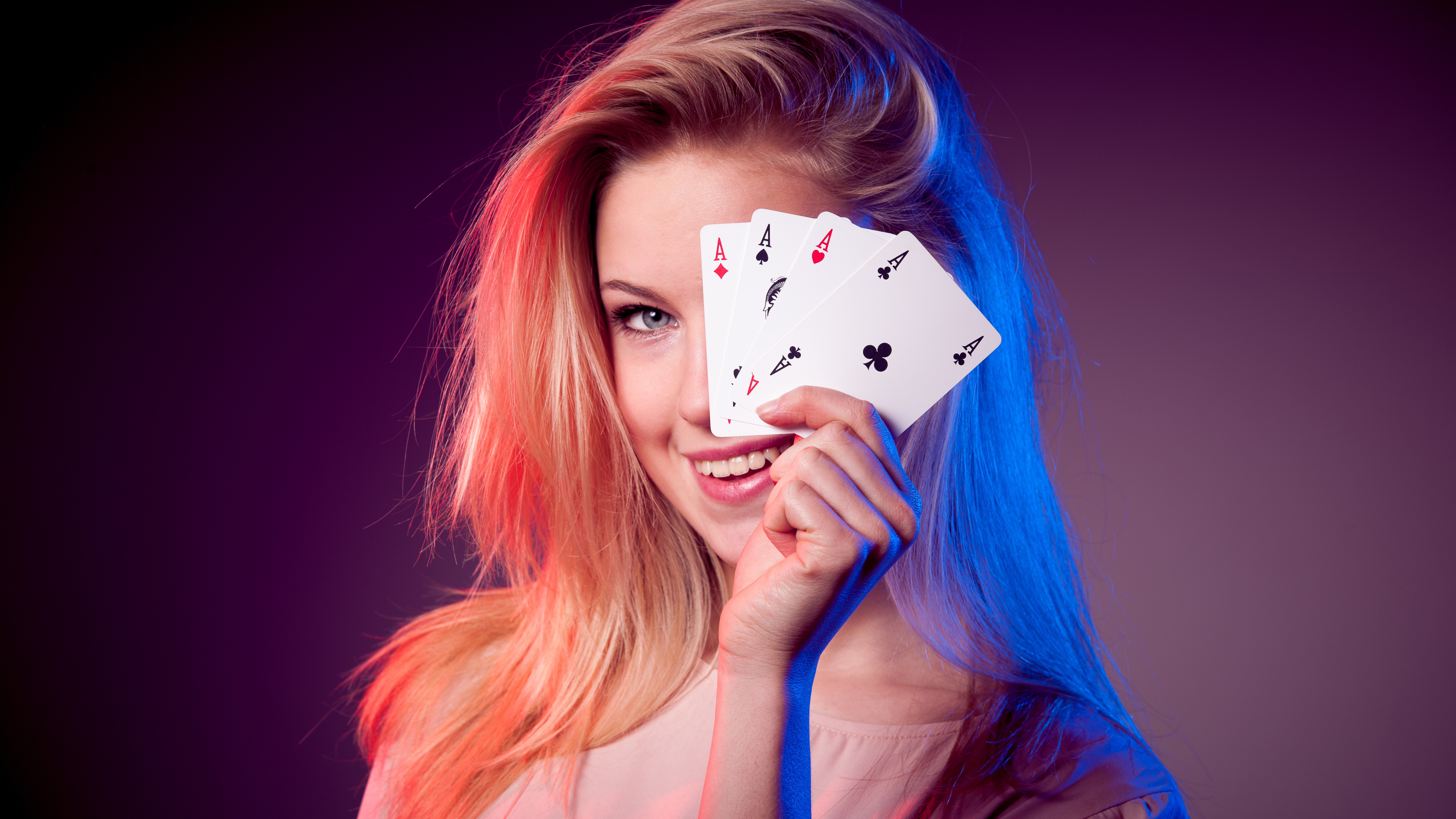 Women Model Blonde Long Hair Looking At Viewer Smiling Face Playing Cards Cards Aces Hands Blue Ligh 6048x3402