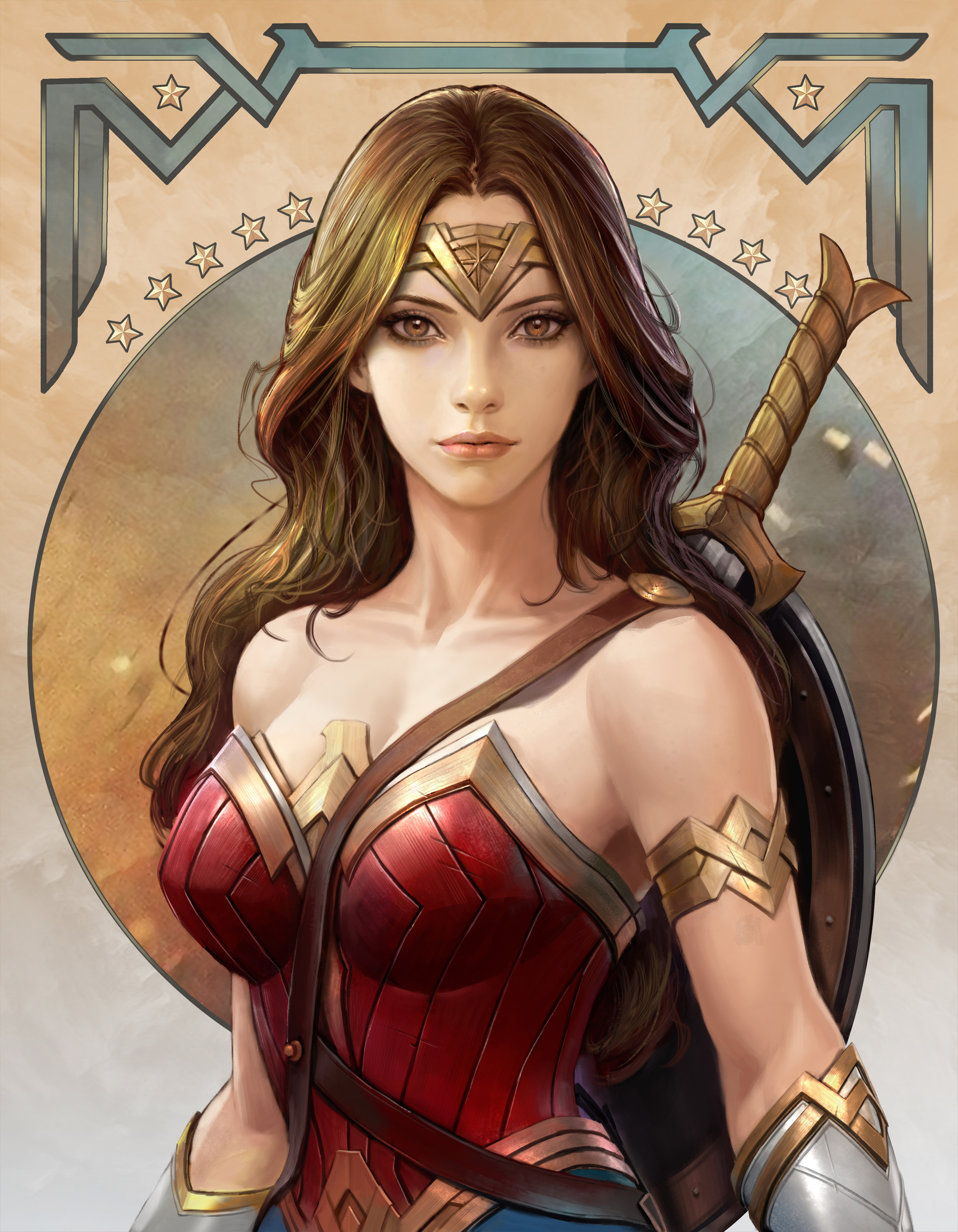 Kim Sung Hwan Drawing Wonder Woman Brunette Warrior Tiaras Weapon Sword Shield DC Comics 2334x3000
