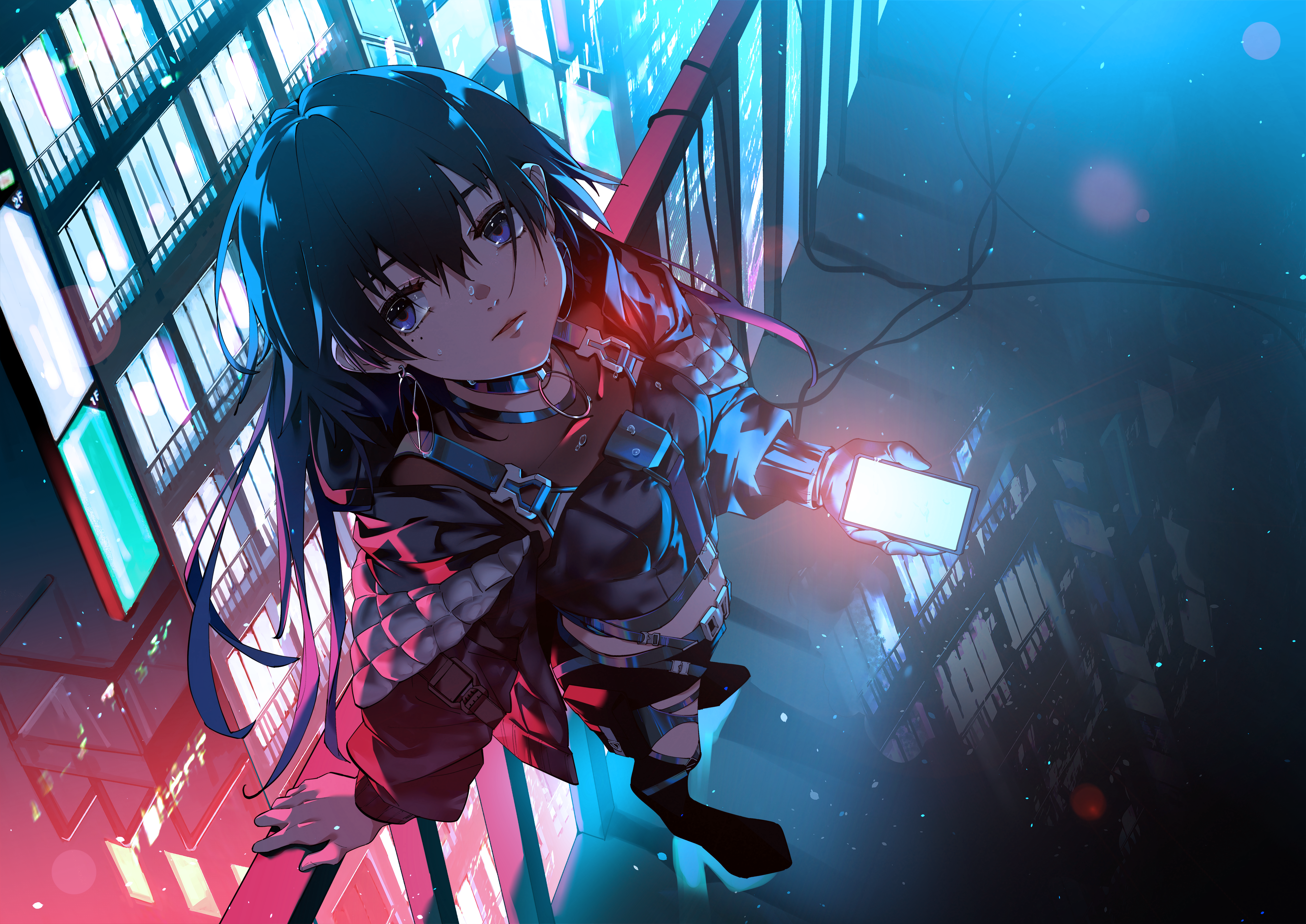 Anime Anime Girls Black Hair Dark Hair Long Hair Blue Eyes City Lights Smartphone Balcony Earring Ne 5787x4093