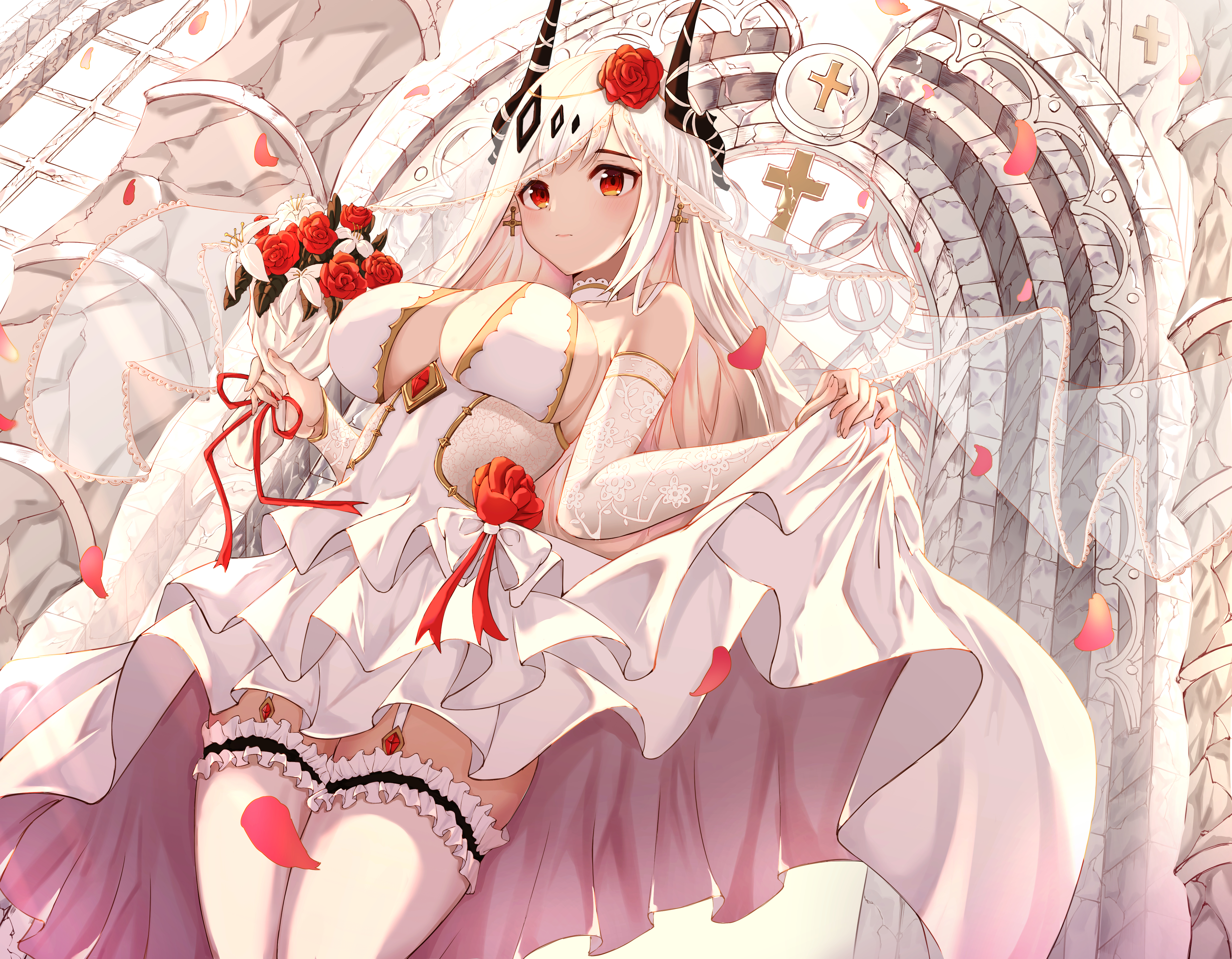Arknights Mudrock Arknights White Dress White Hair Brides Red Eyes Lifting Dress Horns Anime Girls L 4736x3686