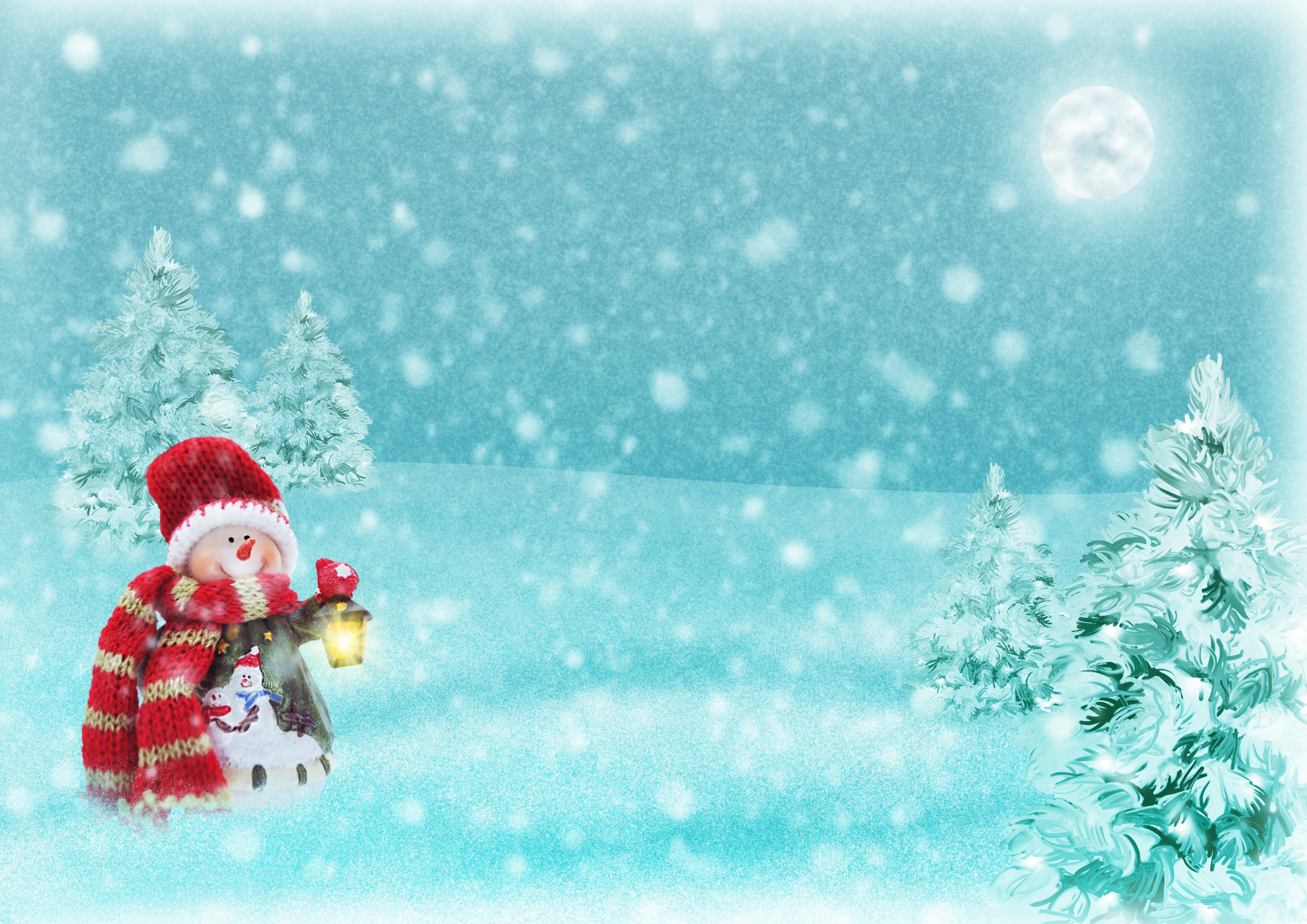 Christmas Lantern Moon Snowfall Snowman Winter 3508x2480
