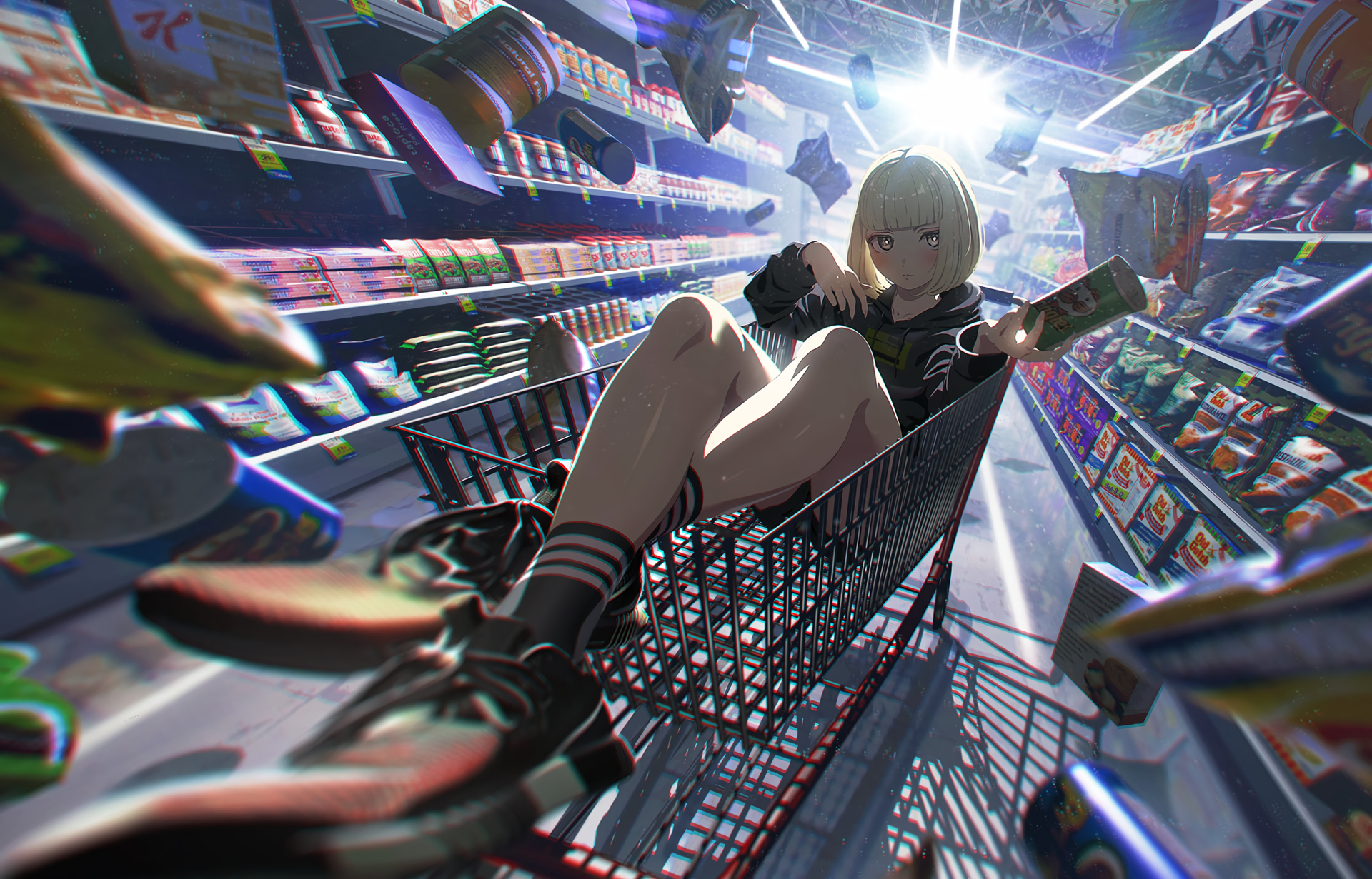 Anime Anime Girls Supermarket Blonde Yellow Eyes Products Alc White Hair 1920x1231