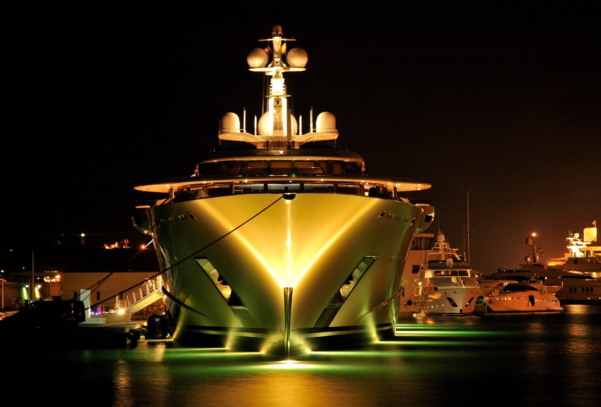 Ship Sea Dock Yachts Night Lights Reflection Long Exposure 2048x1389
