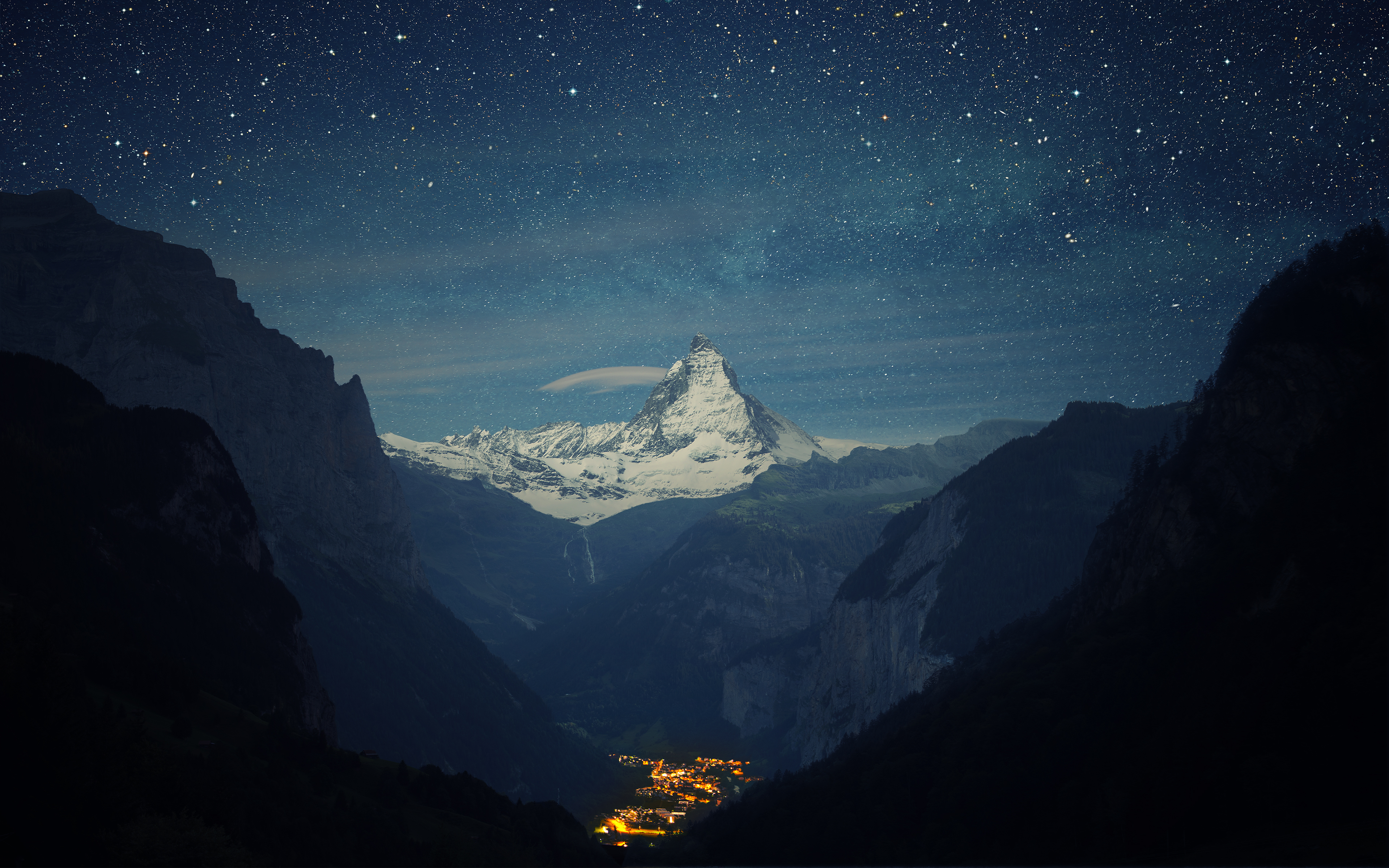 City Landscape Light Matterhorn Mountain Night Peak Starry Sky Switzerland Valley 3840x2400