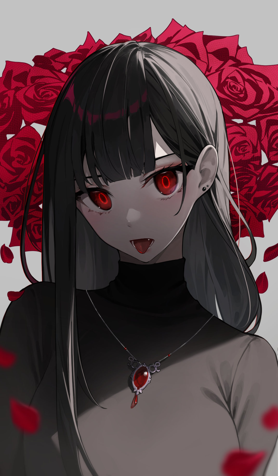 Anime Anime Girls Star741 Red Eyes Rose Roses Black Hair Tongue Out 1154x1973
