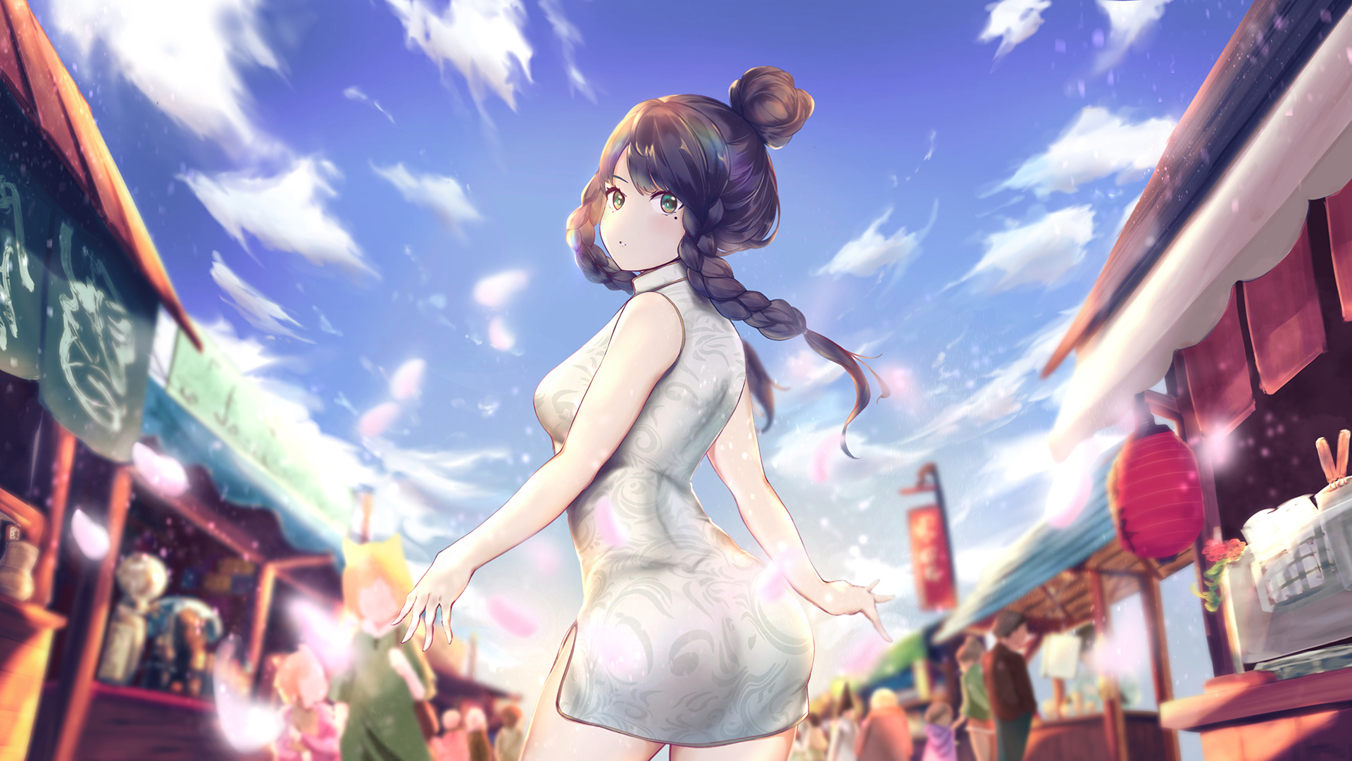 Long Hair Brunette Chinese Clothes Clouds Anime Girls Dark Hair Twintails Sky City Markets Green Eye 1920x1080
