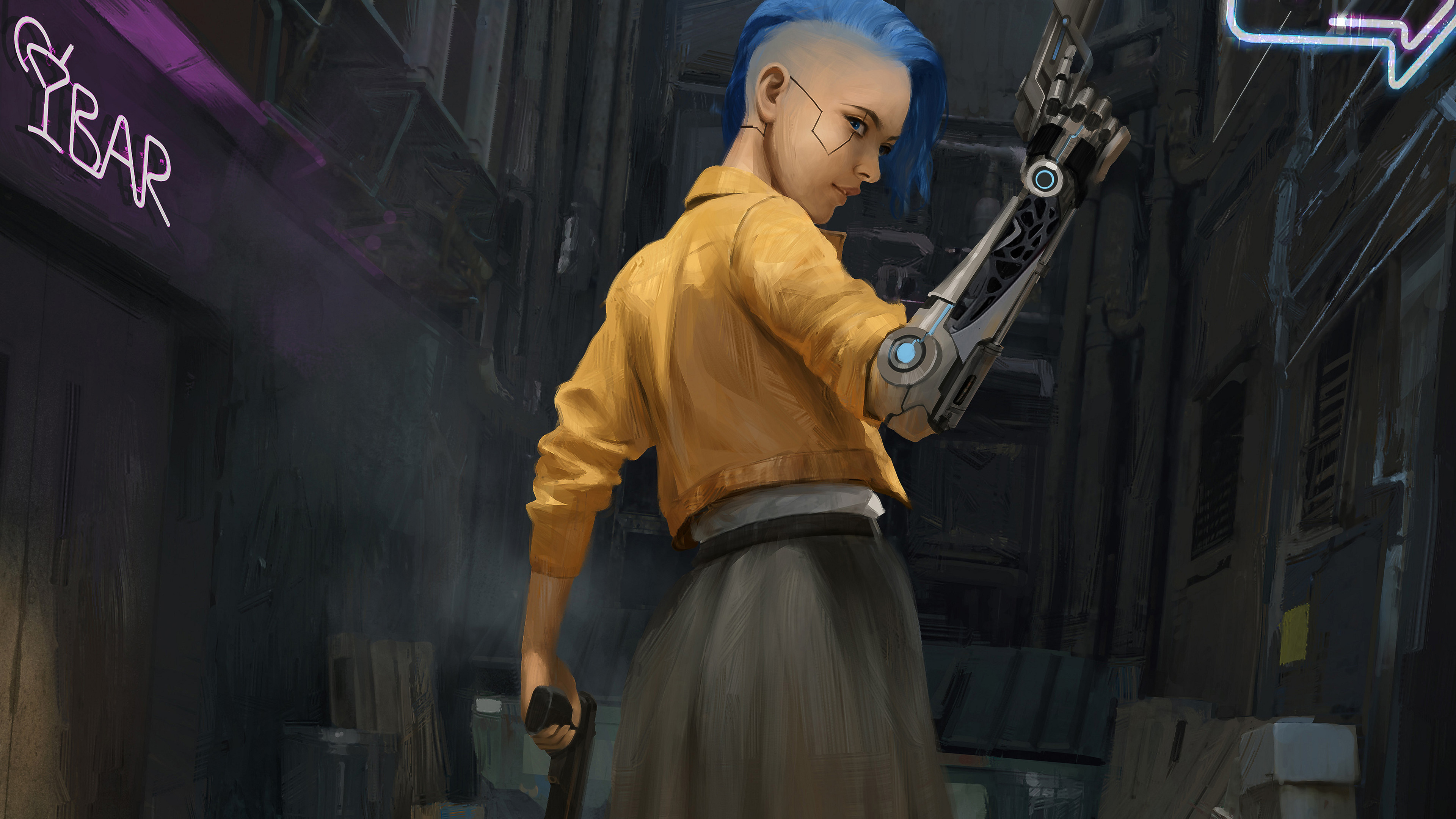 Blue Hair Cyberpunk Futuristic Girl Gun Weapon Woman 3840x2160