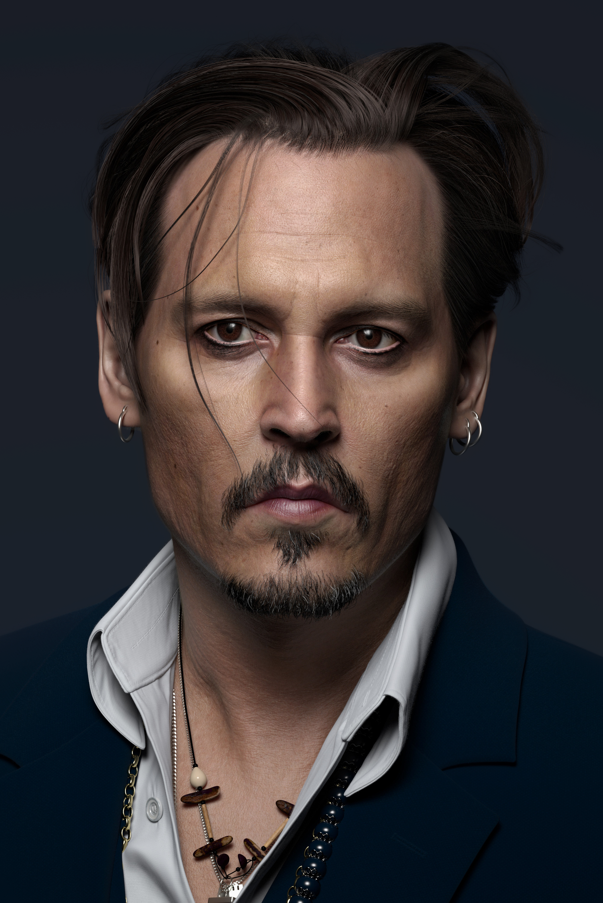 Bassem Banna CGi Men Johnny Depp Brunette Portrait Earring Suits Simple Background Shirt Necklace Pe 2005x3000