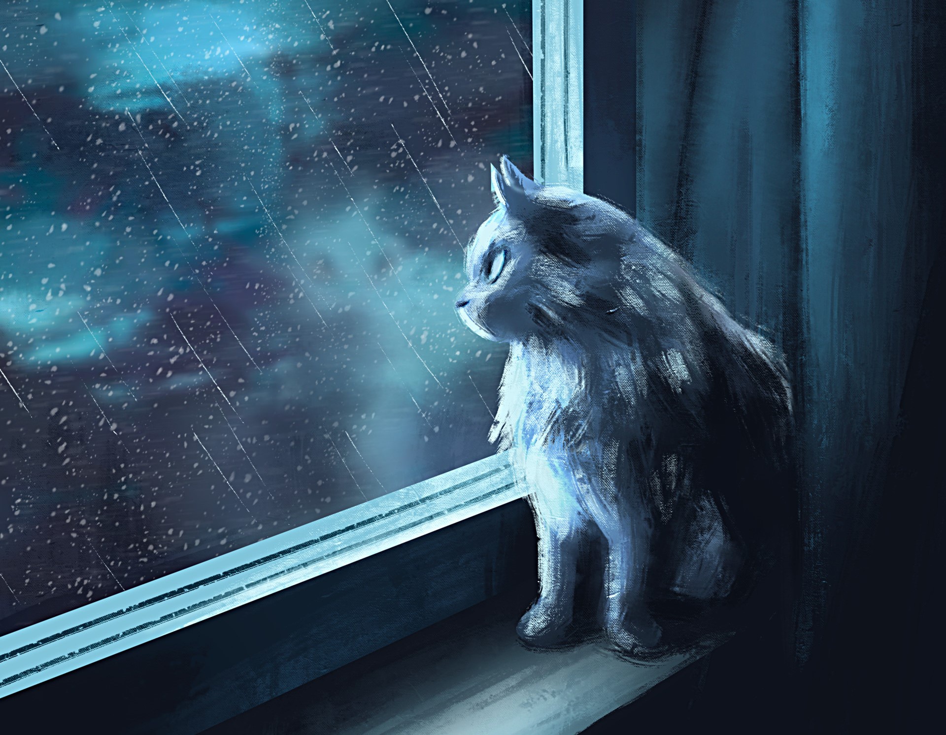 Artistic Cat Rain Window 1920x1493