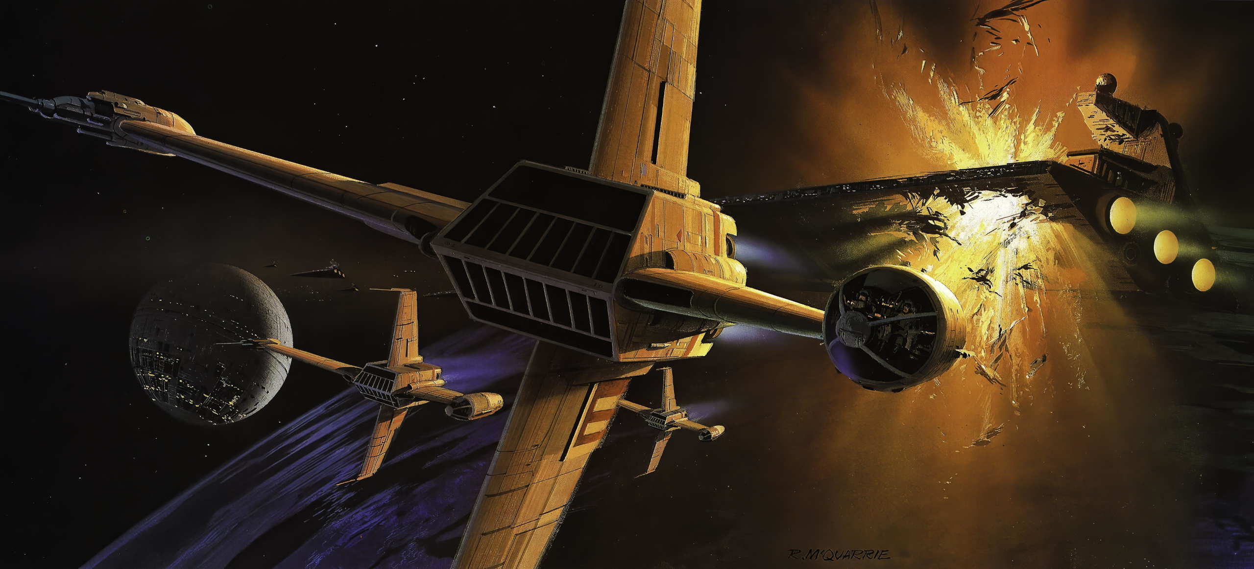 Star Wars B Wing Star Destroyer Death Star Battle Artwork Ralph McQuarrie Explosion 2560x1163
