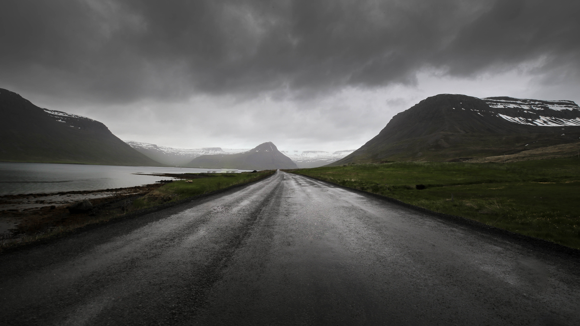 Nature Landscape Mountains River Road Grass Clouds Snow Monsoon Fjord Iceland 1920x1080