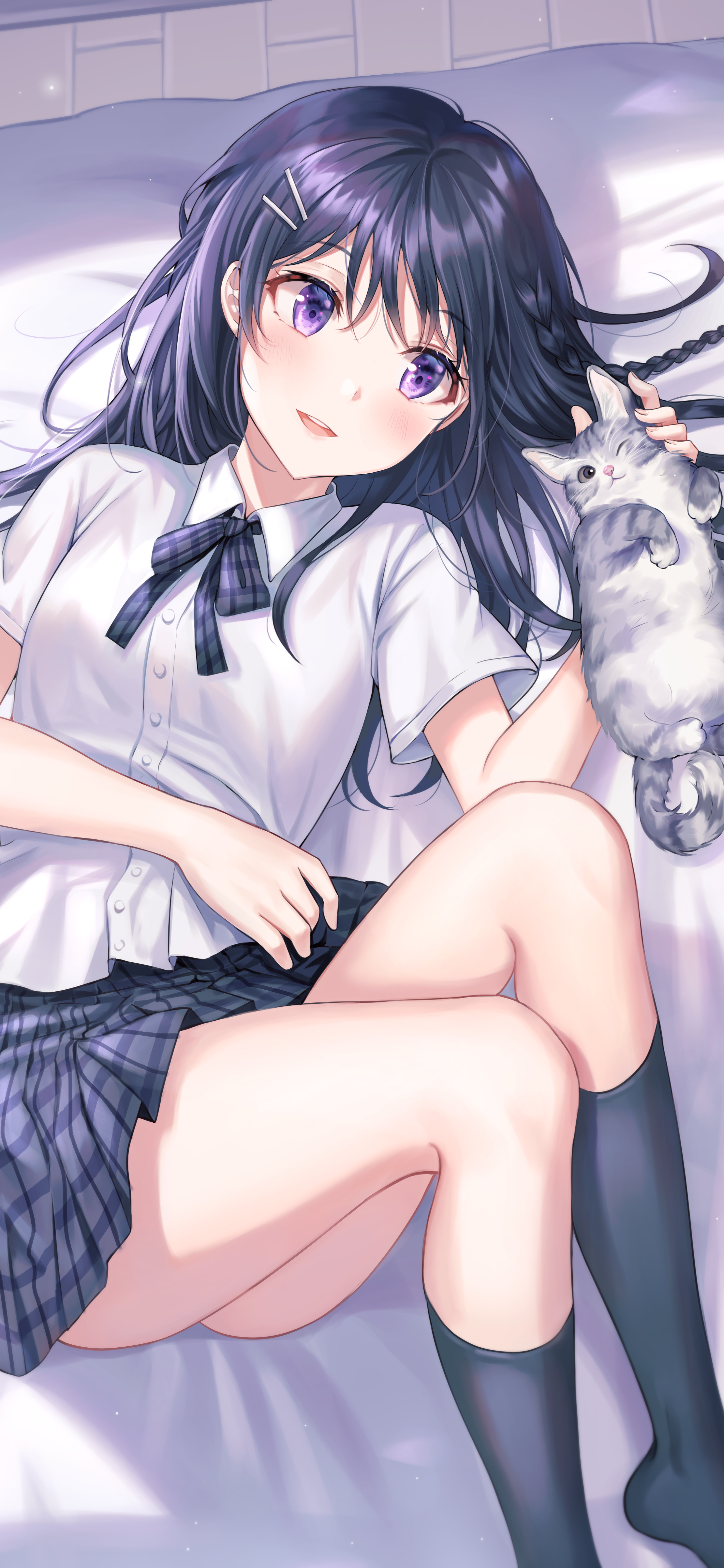 Anime Girls School Uniform Cats Anime Artwork Tokkyu Artista Dark Hair Purple Eyes 2221x4810