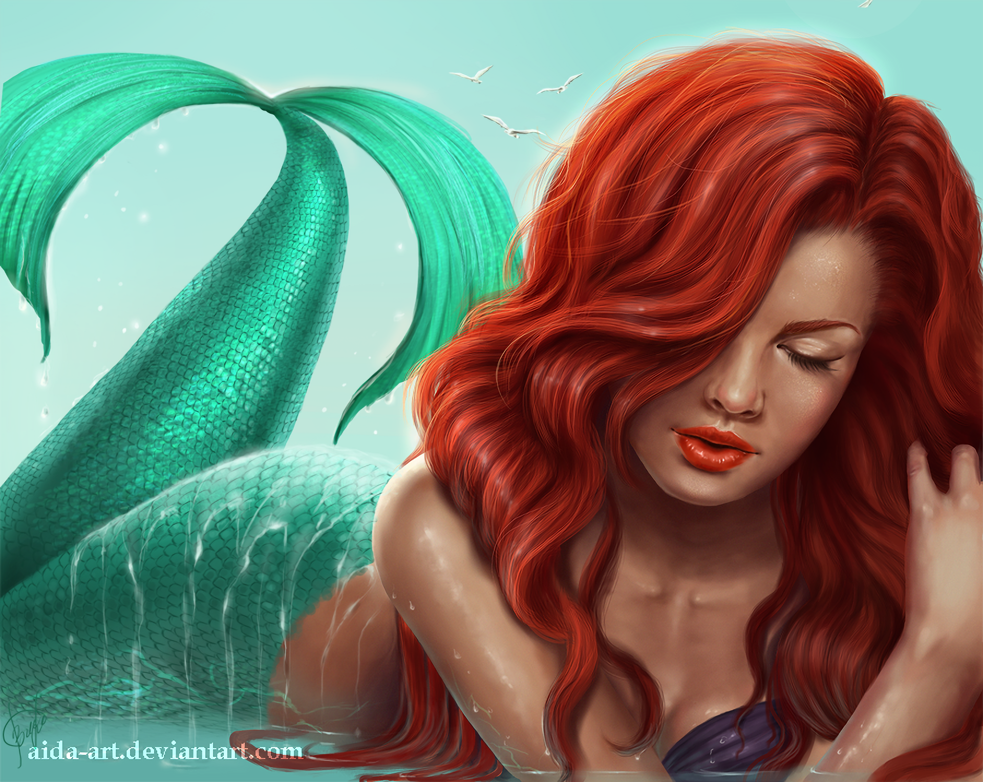 Ariel The Little Mermaid Girl Lipstick Mermaid Red Hair Tail Woman 1920x1527