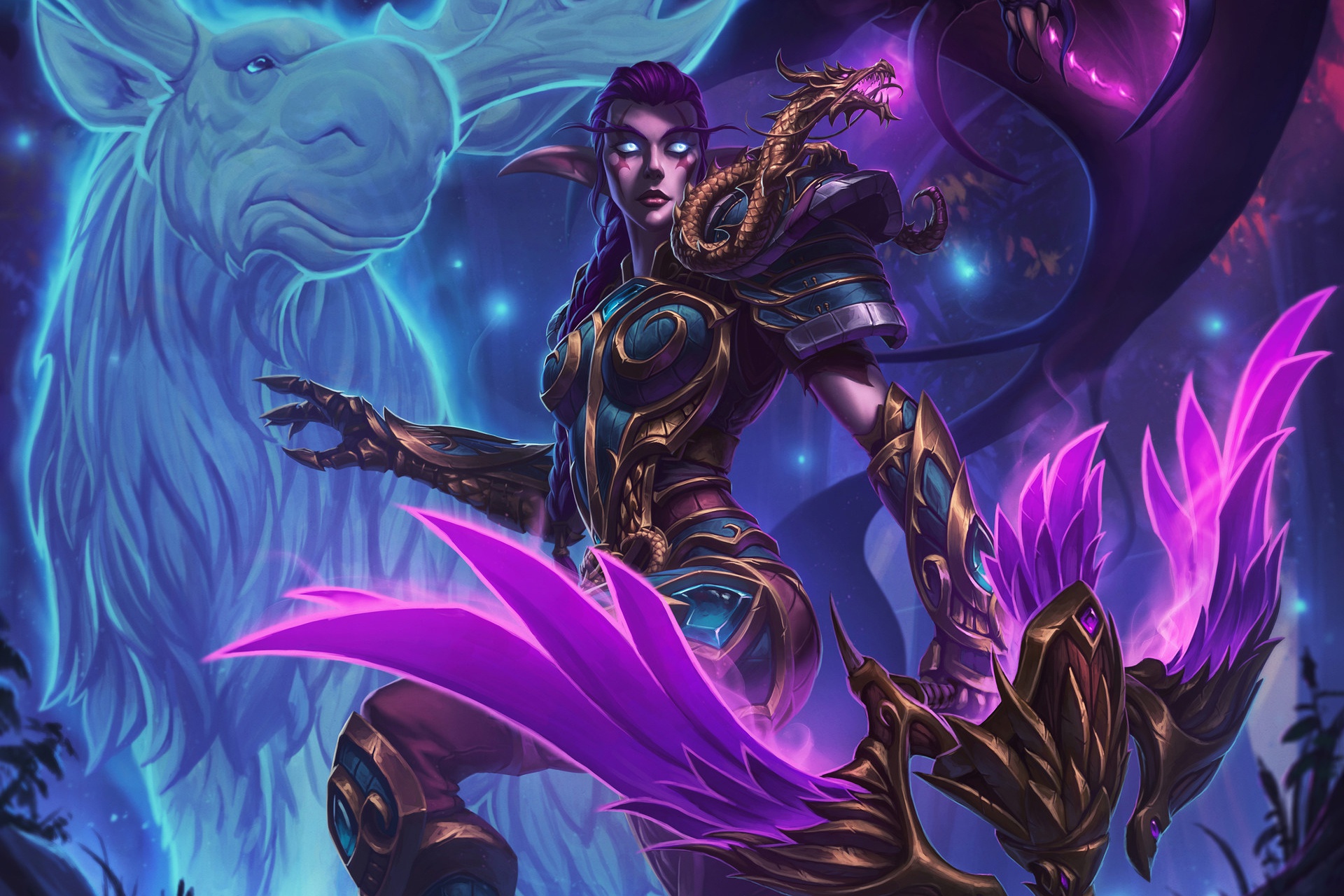 Armor Bow Elf Elk Girl Magic Purple Hair Woman Warrior World Of Warcraft 1920x1280