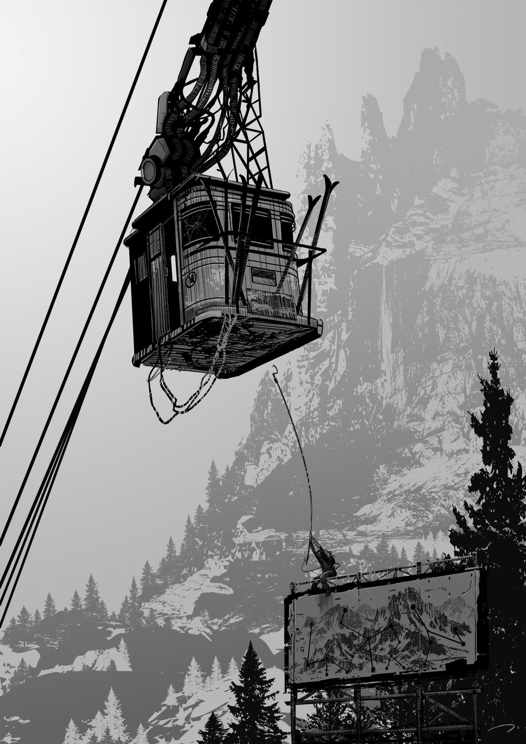 Artwork Digital Art Monochrome Mountains Trees Urban Decay Cable Car 1061x1500