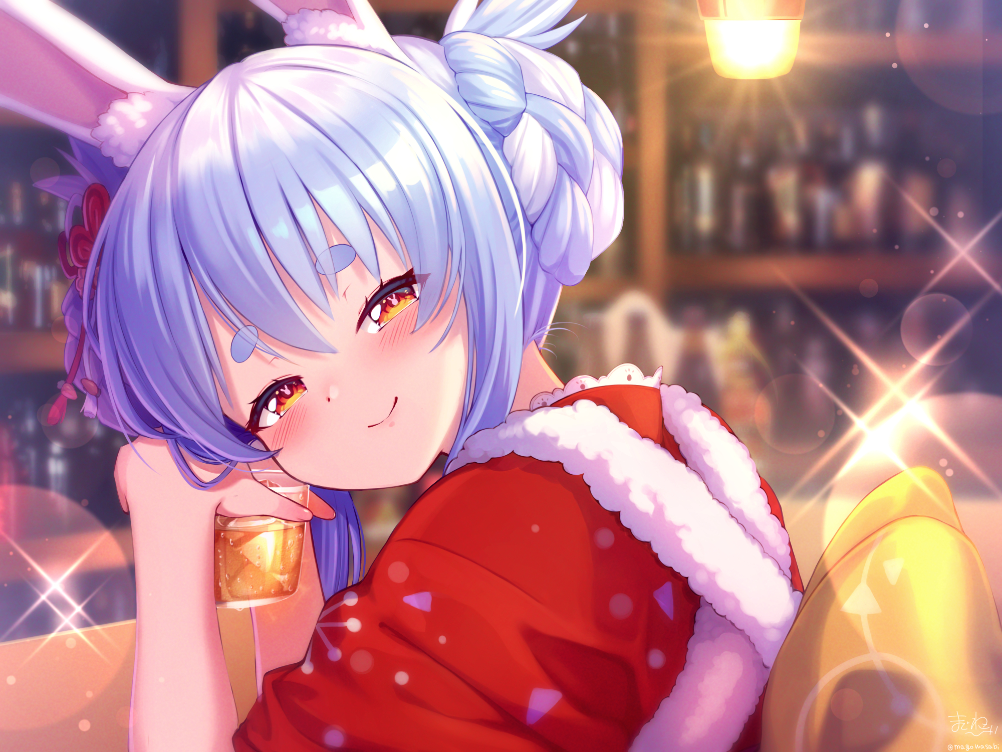 Anime Girls Santa Costume Magowasabi Usada Pekora Hololive Bunny Ears Blue Hair Smiling 2000x1500