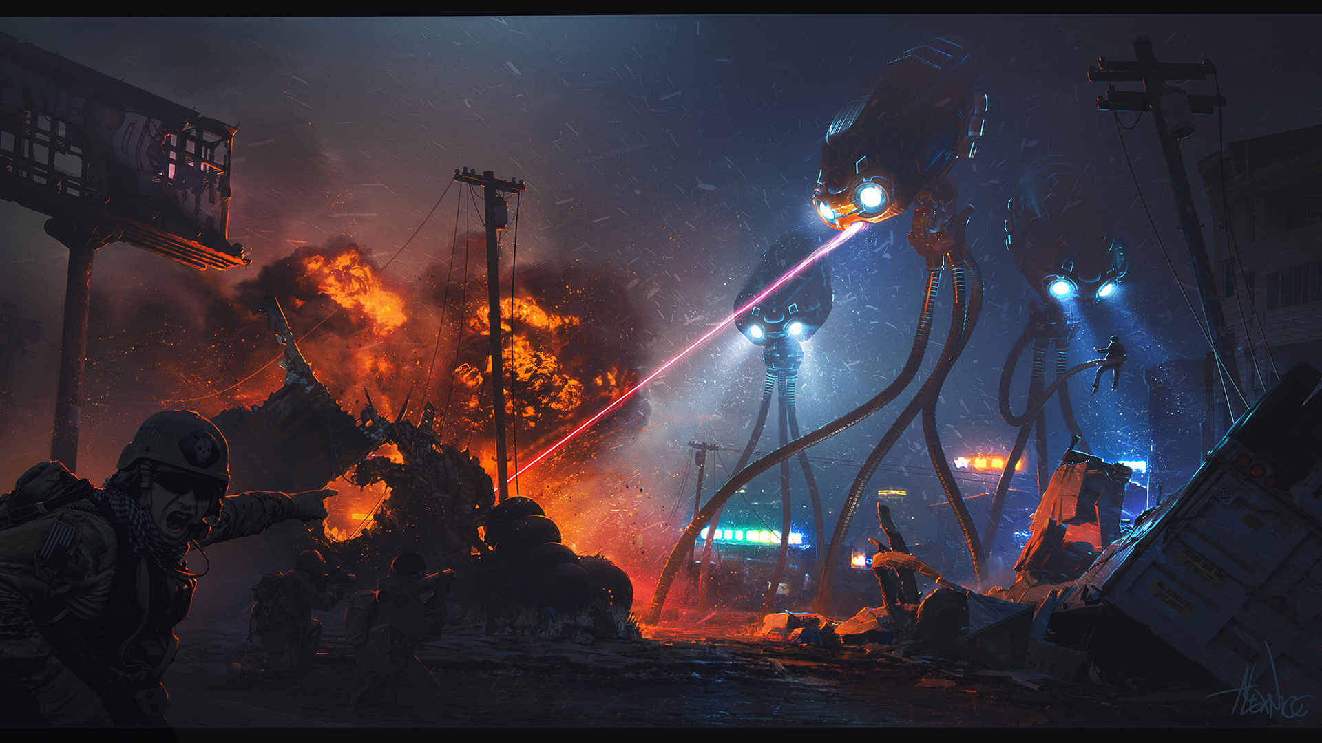 Science Fiction Fire Laser Lights Soldier Digital Art Tripod War Of The Worlds 1920x1080