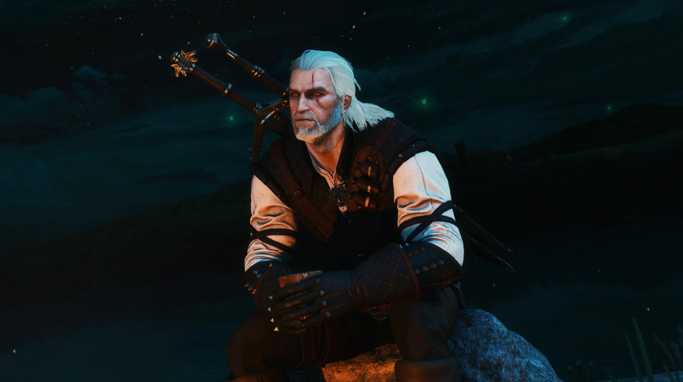 CD Projekt RED White Hair Orange Eyes The Witcher Video Game Characters Screen Shot Stars Night Gera 2288x1280