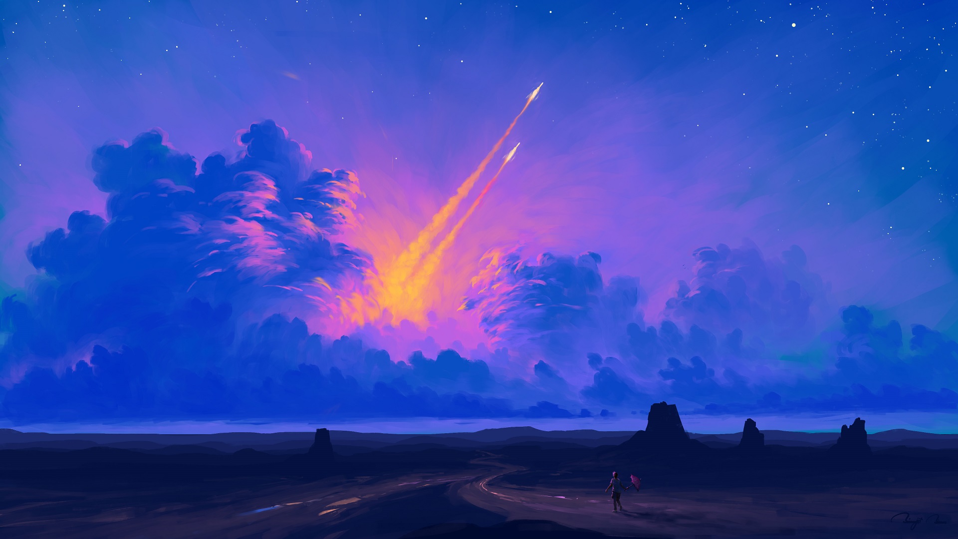 Digital Painting Sky Clouds Landscape Rocket BisBiswas 1920x1080
