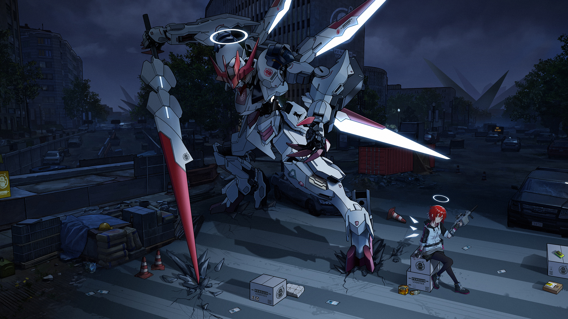 Clouds Mech Building Car SMG Wings Redhead Halo Spear Barbatos Gundam Arknights 1920x1080