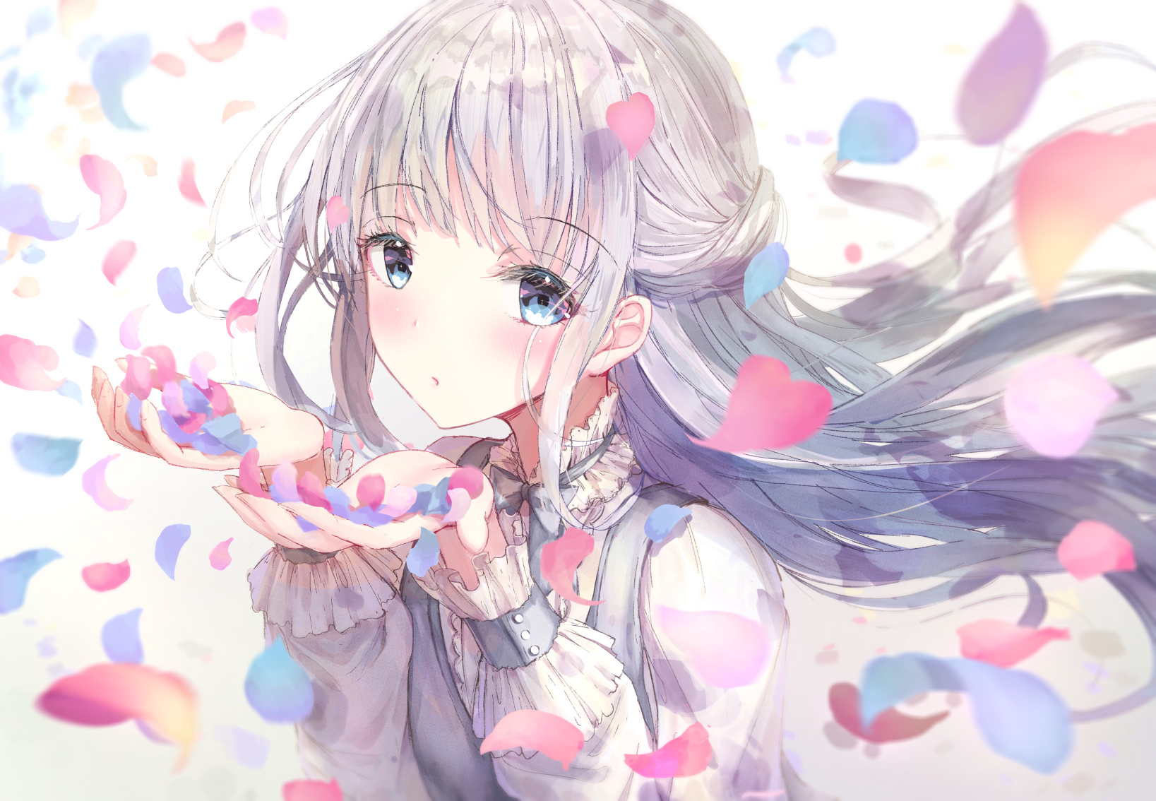 Anime Anime Girls Simple Background Original Characters Dress Missile228 Petals Silver Hair Blue Eye 1637x1134