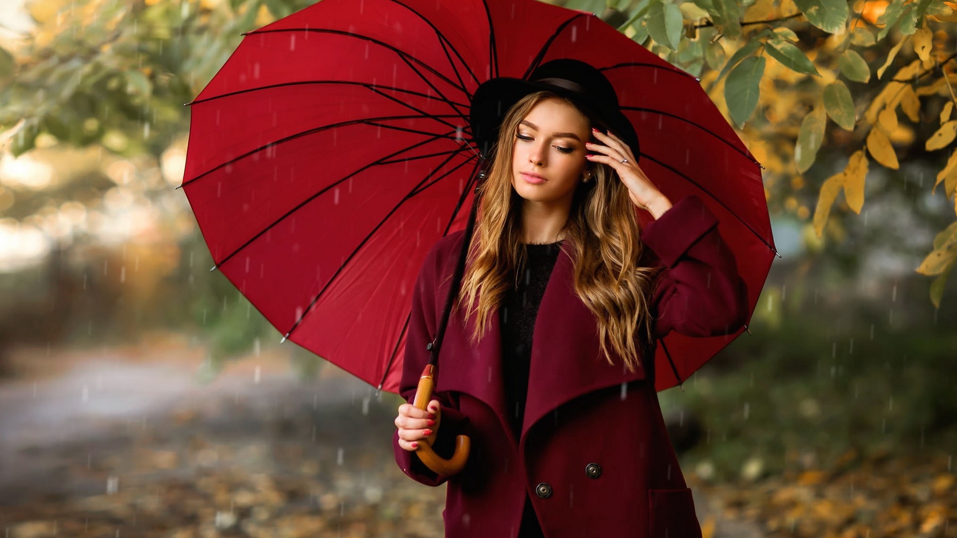 Women Model Blonde Long Hair Olga Boyko Umbrella Rain Hat Coats Fall Leaves Women Outdoors 1920x1080