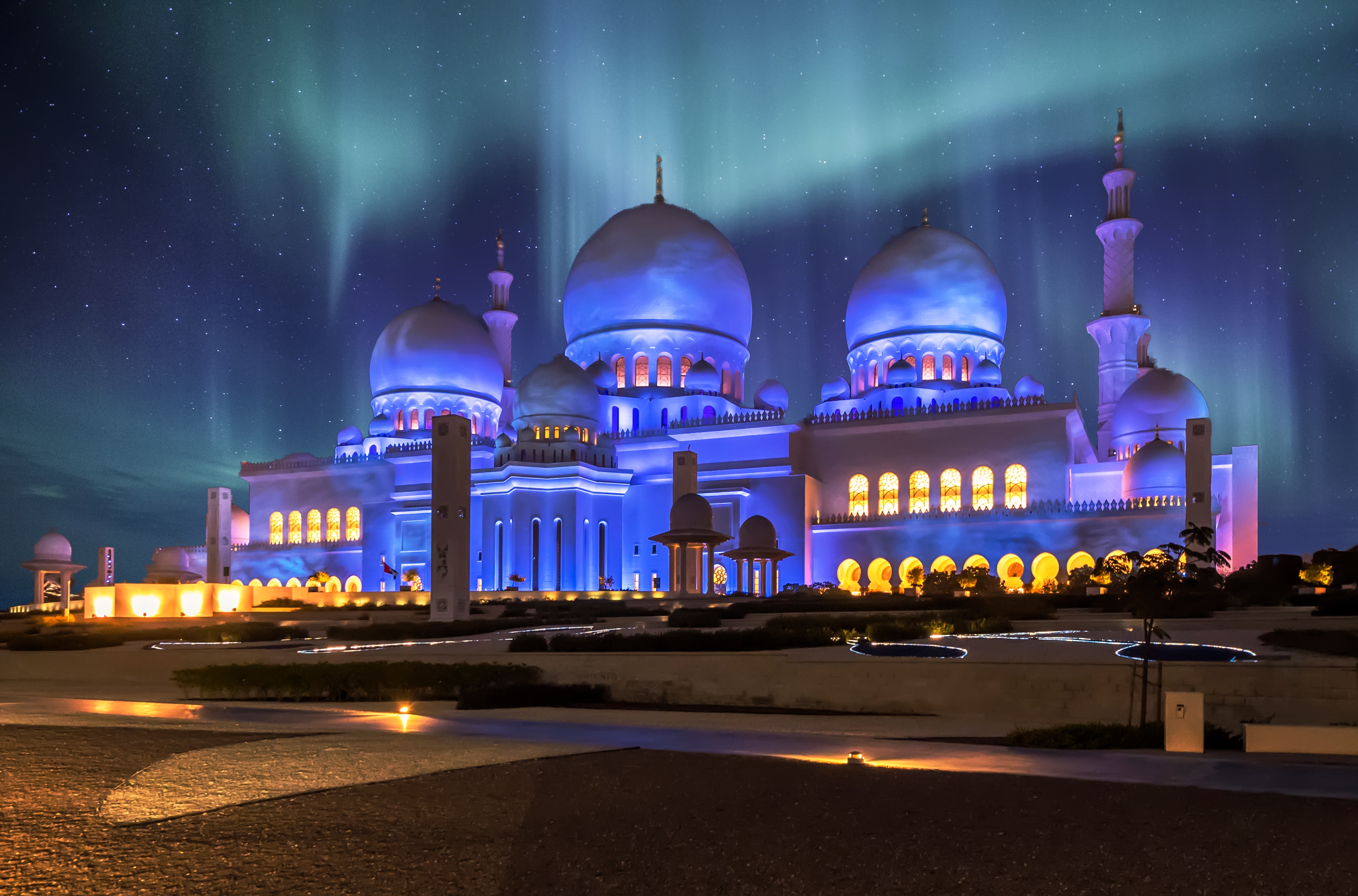 Abu Dhabi Architecture Aurora Borealis Dome Mosque Night Sheikh Zayed Grand Mosque United Arab Emira 4756x3139