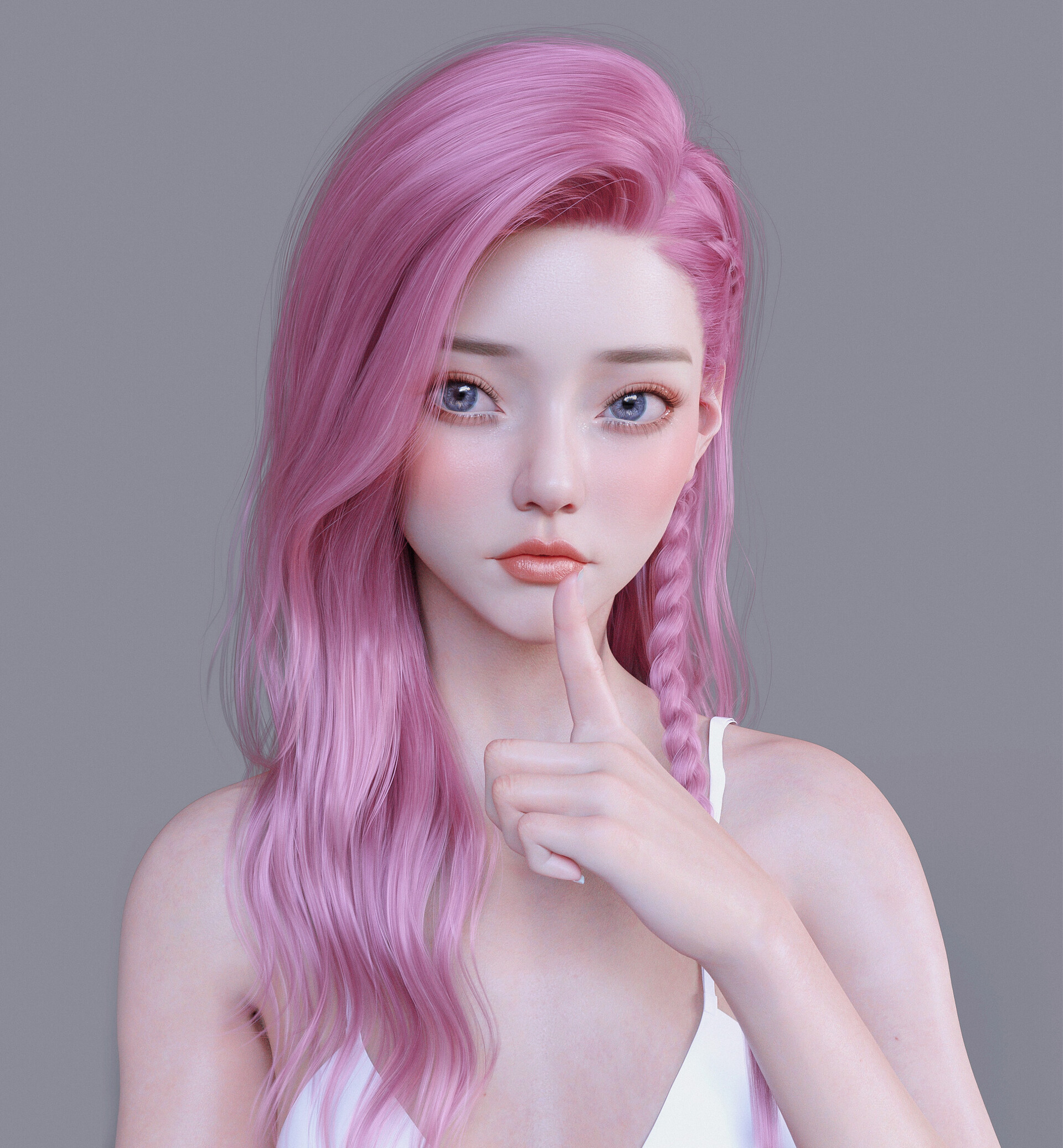 Chen Wang Women Pink Hair Long Hair Blue Eyes Blush Simple Background Seraphine Seraphine League Of  1920x2074