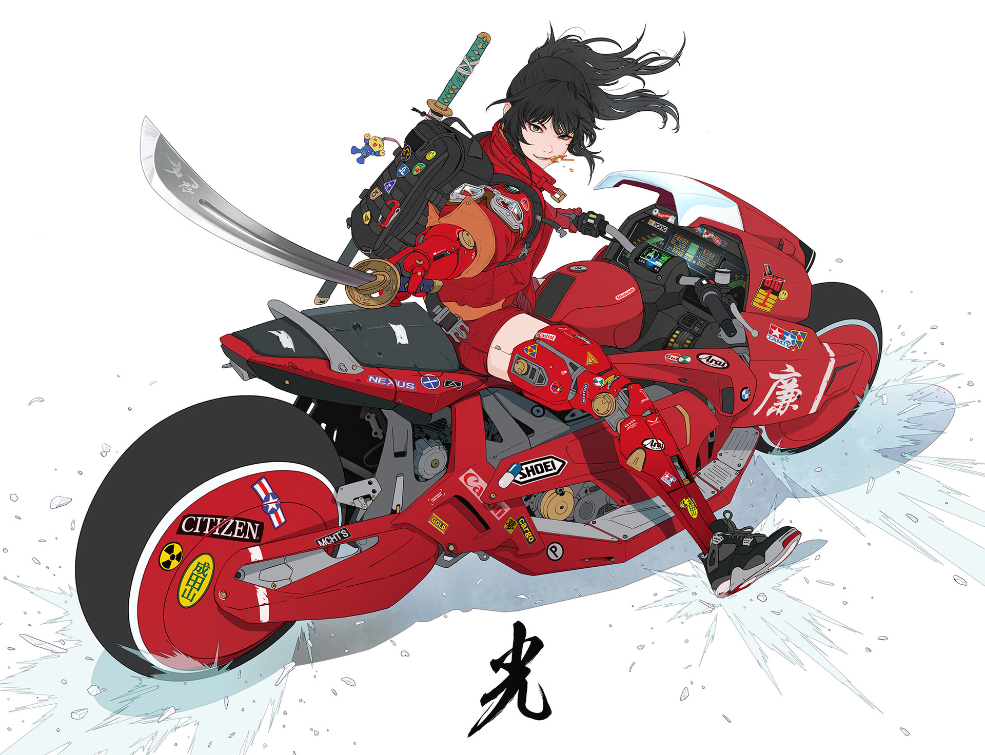 Women Artwork White Background Simple Background Motorcycle Women With Motorcycles Sword Girls With  1920x1472