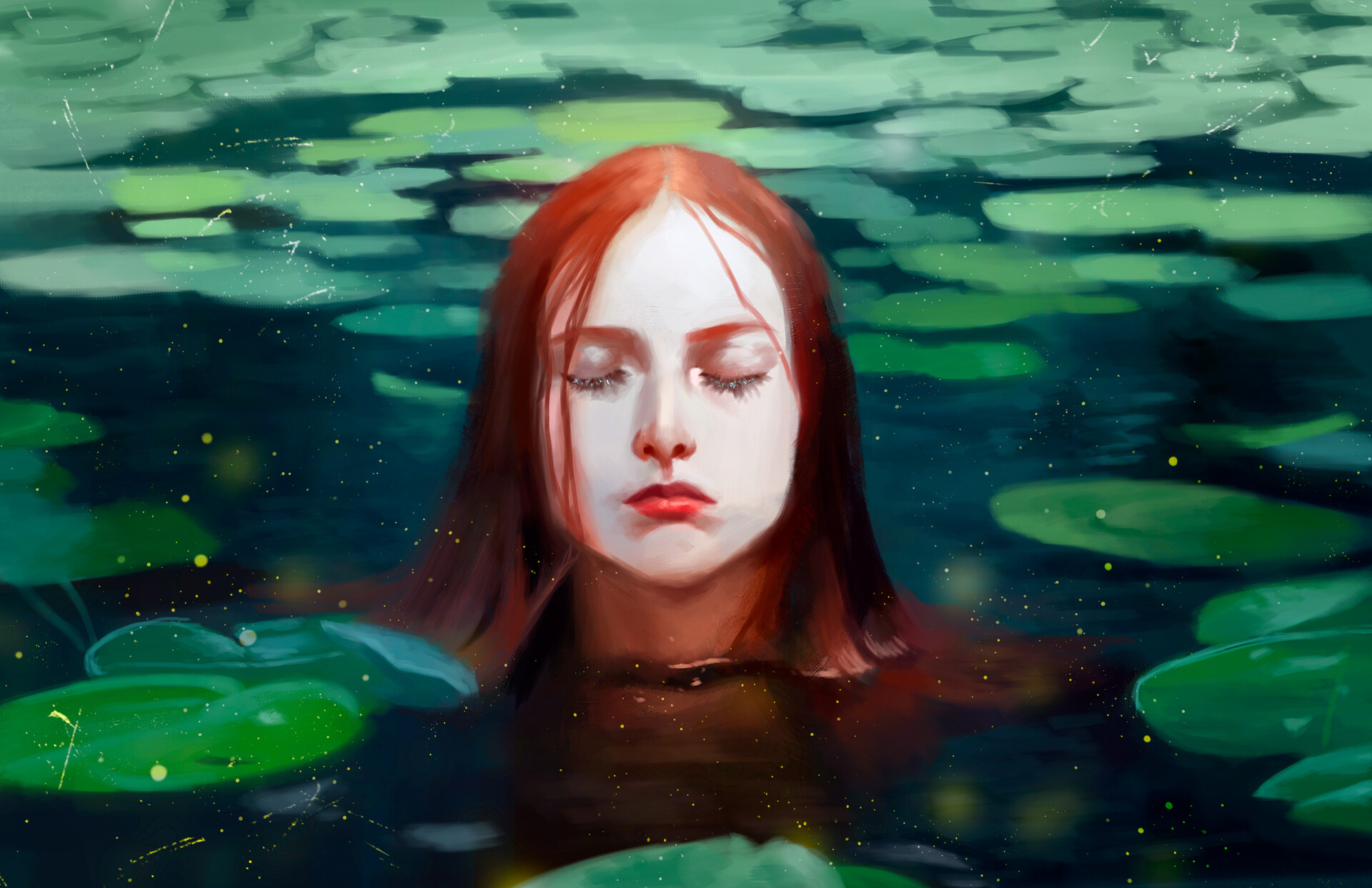 Emma Ronkainen Artwork Lake Young Woman Redhead Digital Painting Closed Eyes Closed Mouth Wet Hair W 1920x1243