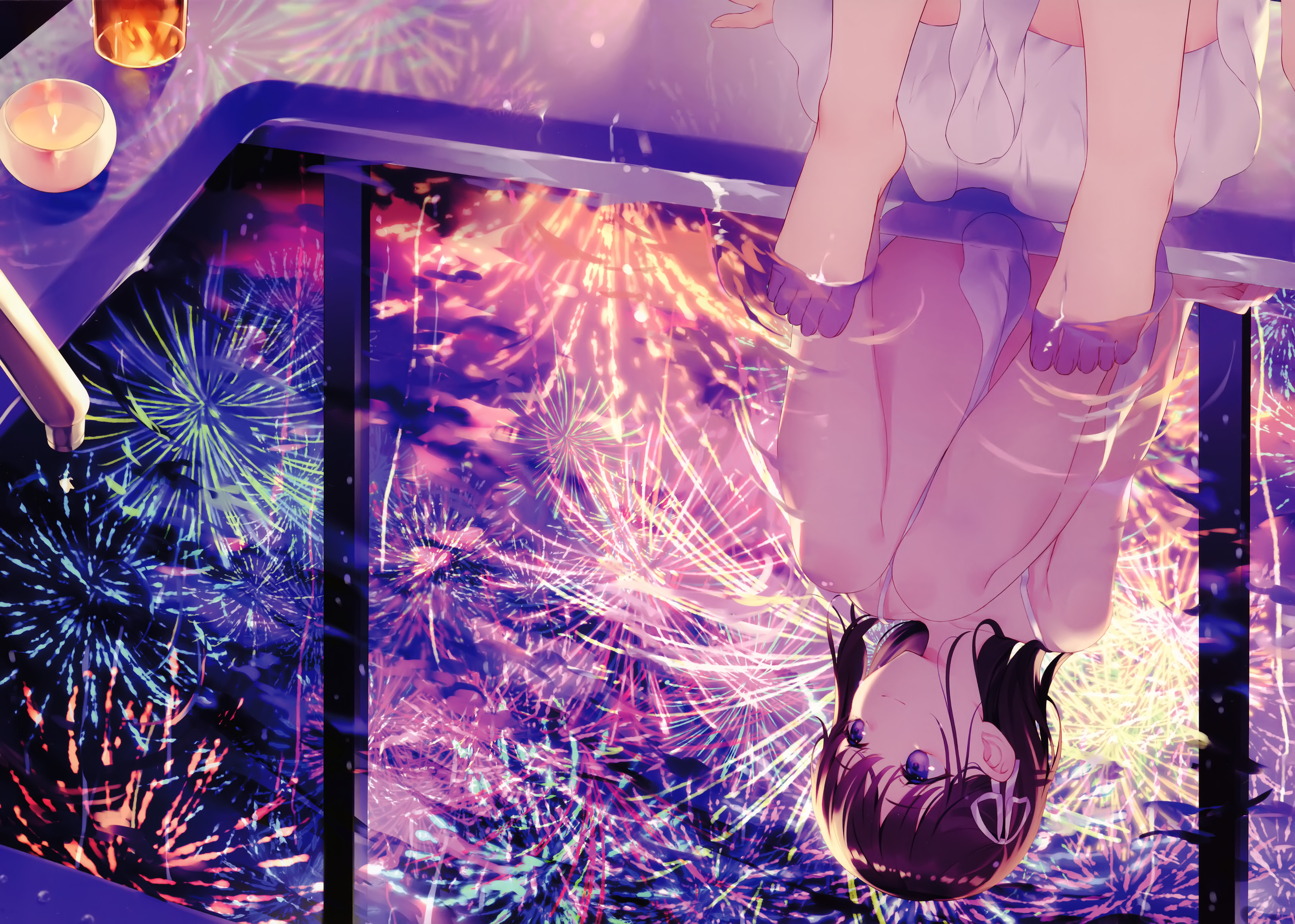 Anime Anime Girls Purple Eyes Brunette Ribbons Candles Fireworks Water Mirrored Sitting Legs Looking 5636x4024