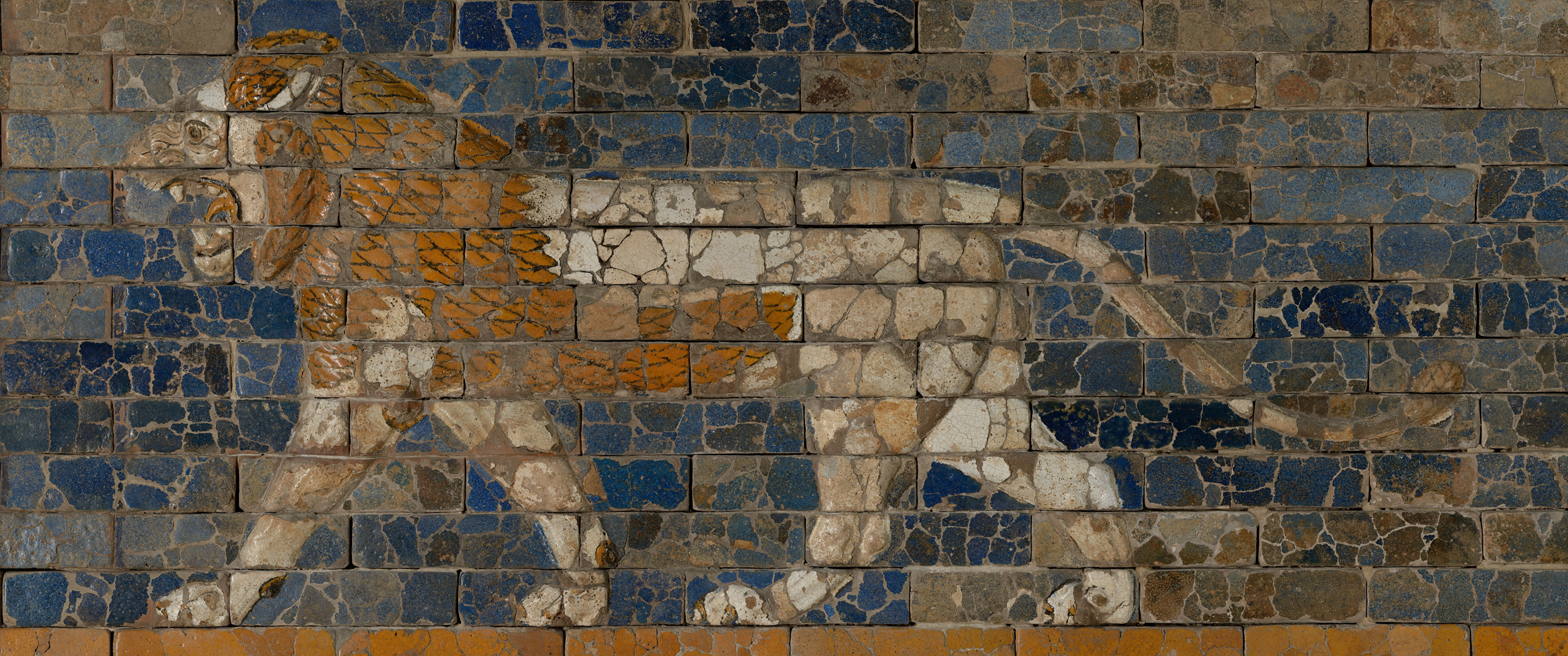 Mural Mosaic Lion Ultrawide Babylonian Bricks 3440x1440