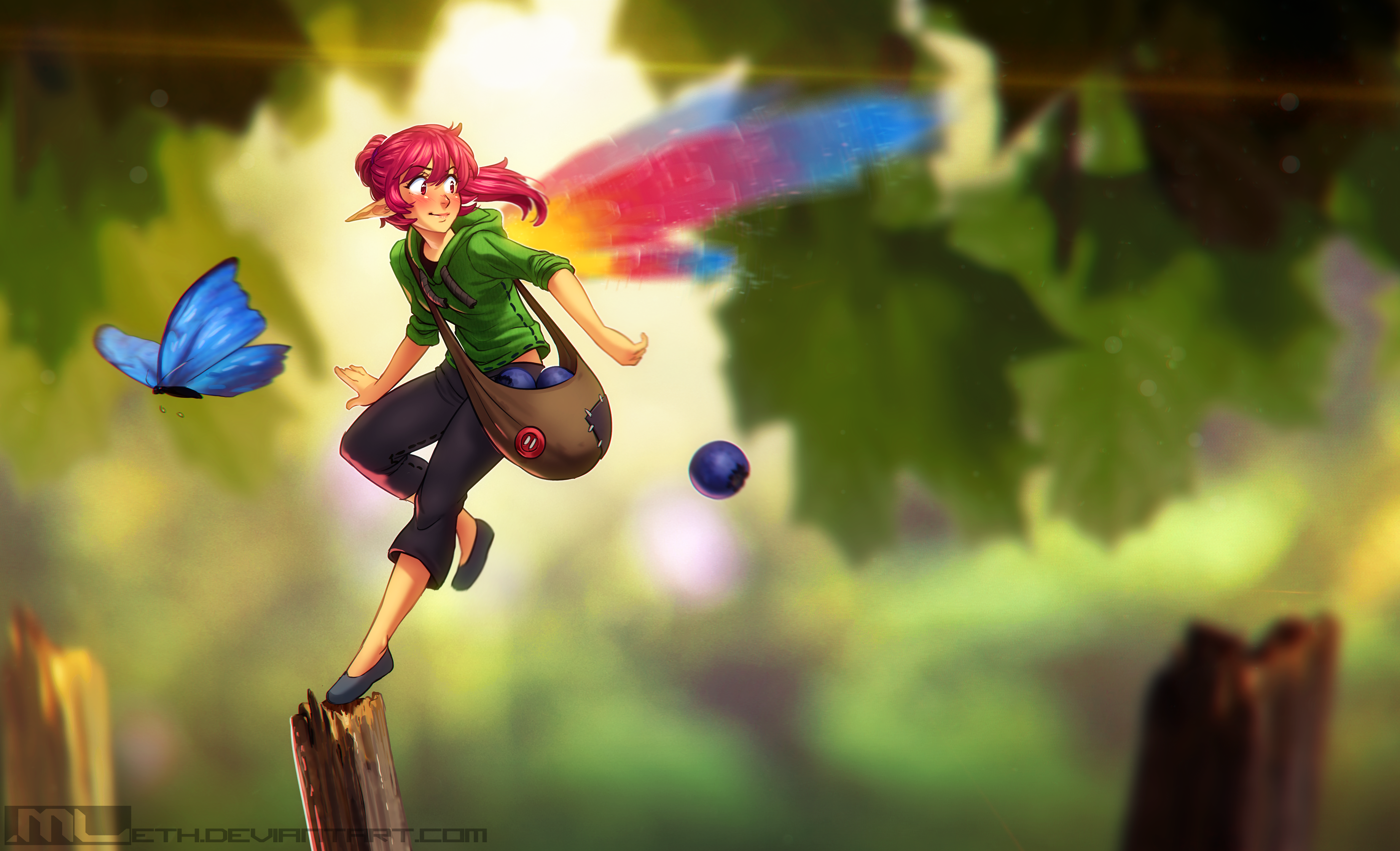 Fantasy Girl Elf Ears Fairy Wings Redhead Butterfly Blueberries Trees Red Eyes Anime Anime Girls 3679x2237