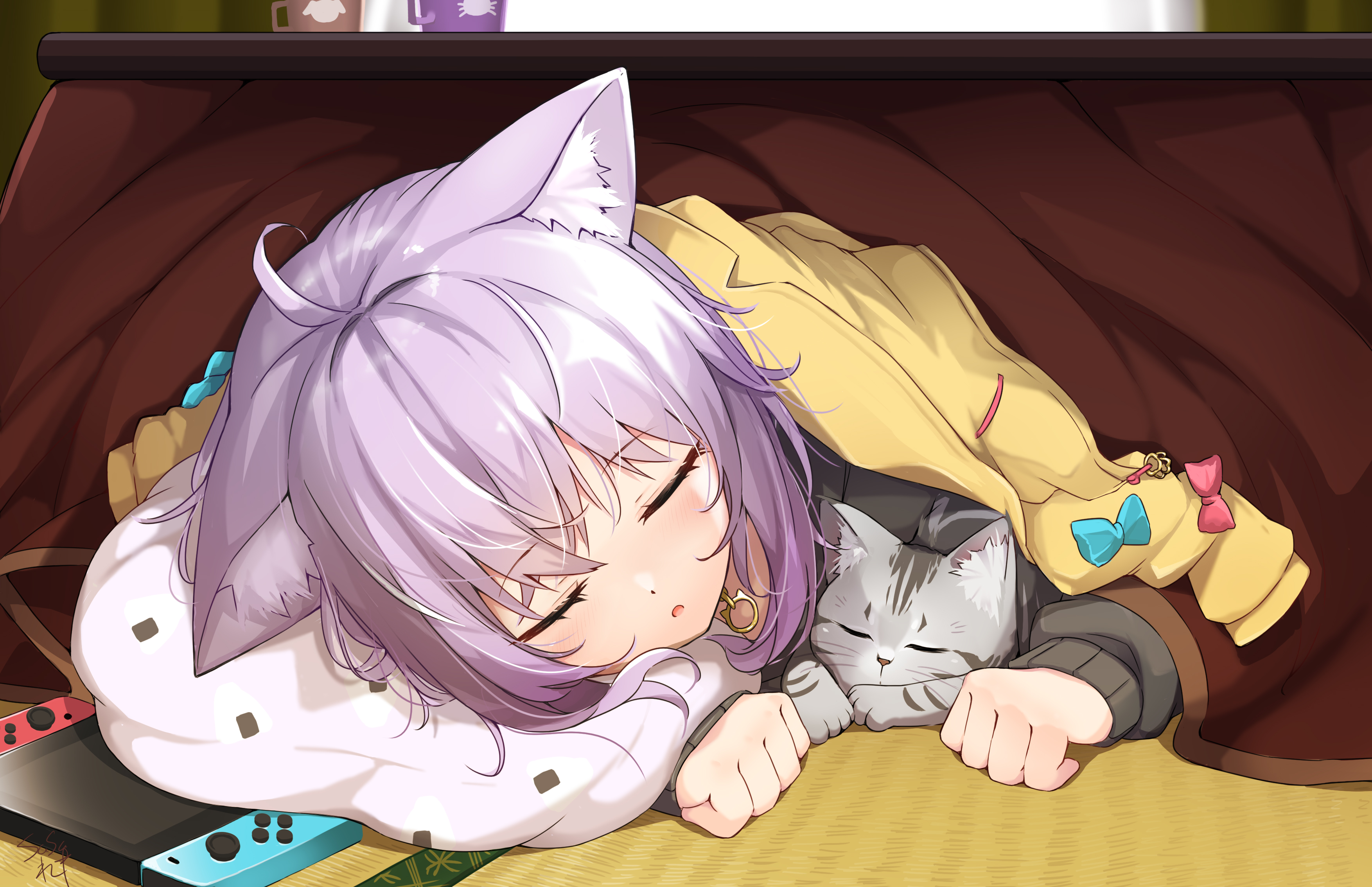 Anime Girls Sleeping Virtual Youtuber Nekomata Okayu Hololive Cats Animal Ears Closed Eyes Nintendo  3508x2268