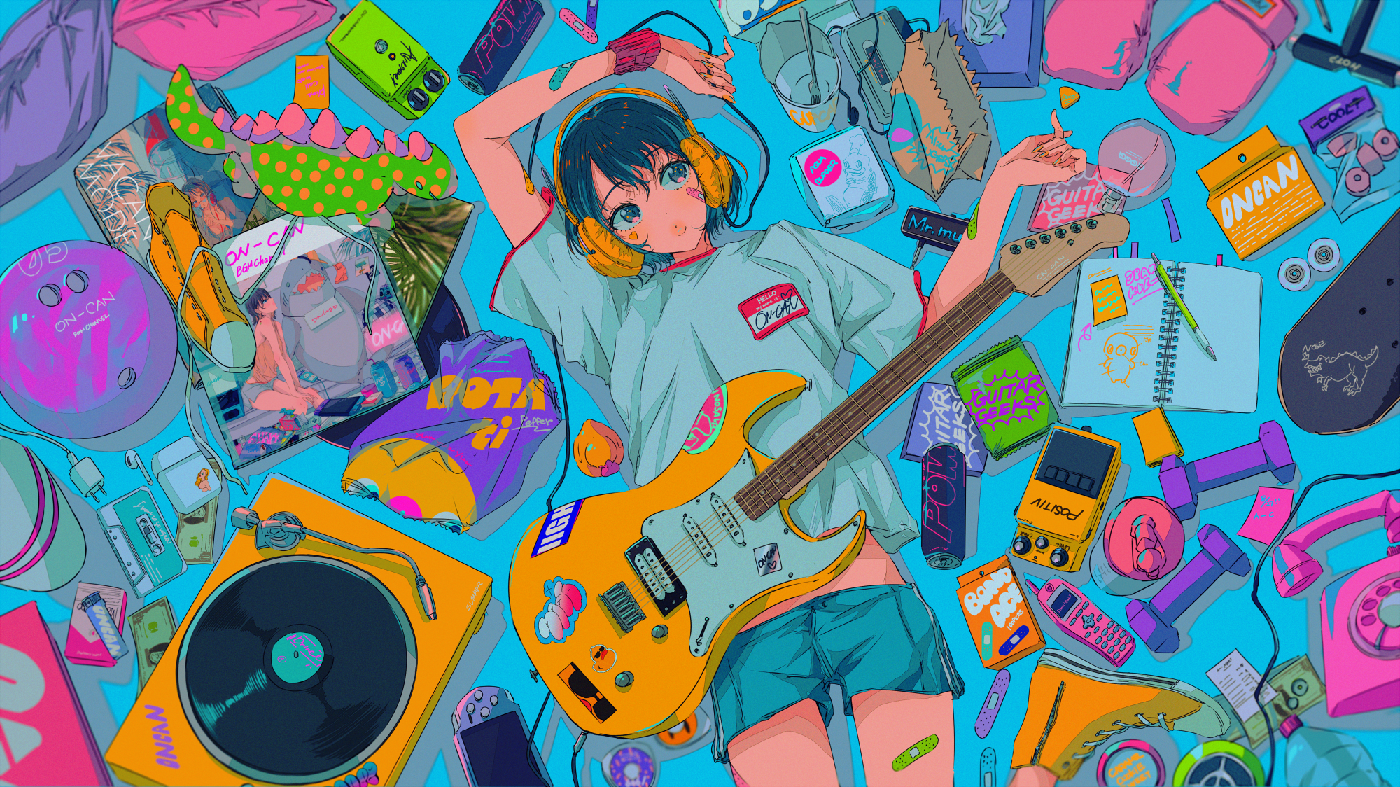 Anime Anime Girls Digital Art Artwork 2D Portrait Najuco Guitar Headphones T Shirt Shorts 2000x1124