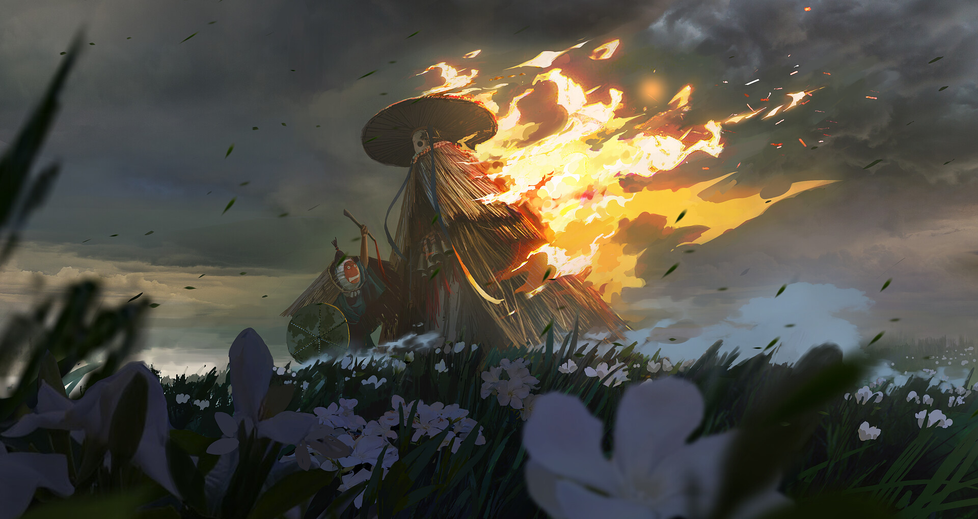 Fantasy Art Fire Straw Hat Eastern Flowers Field Mask Shield Clouds Wind 1920x1020