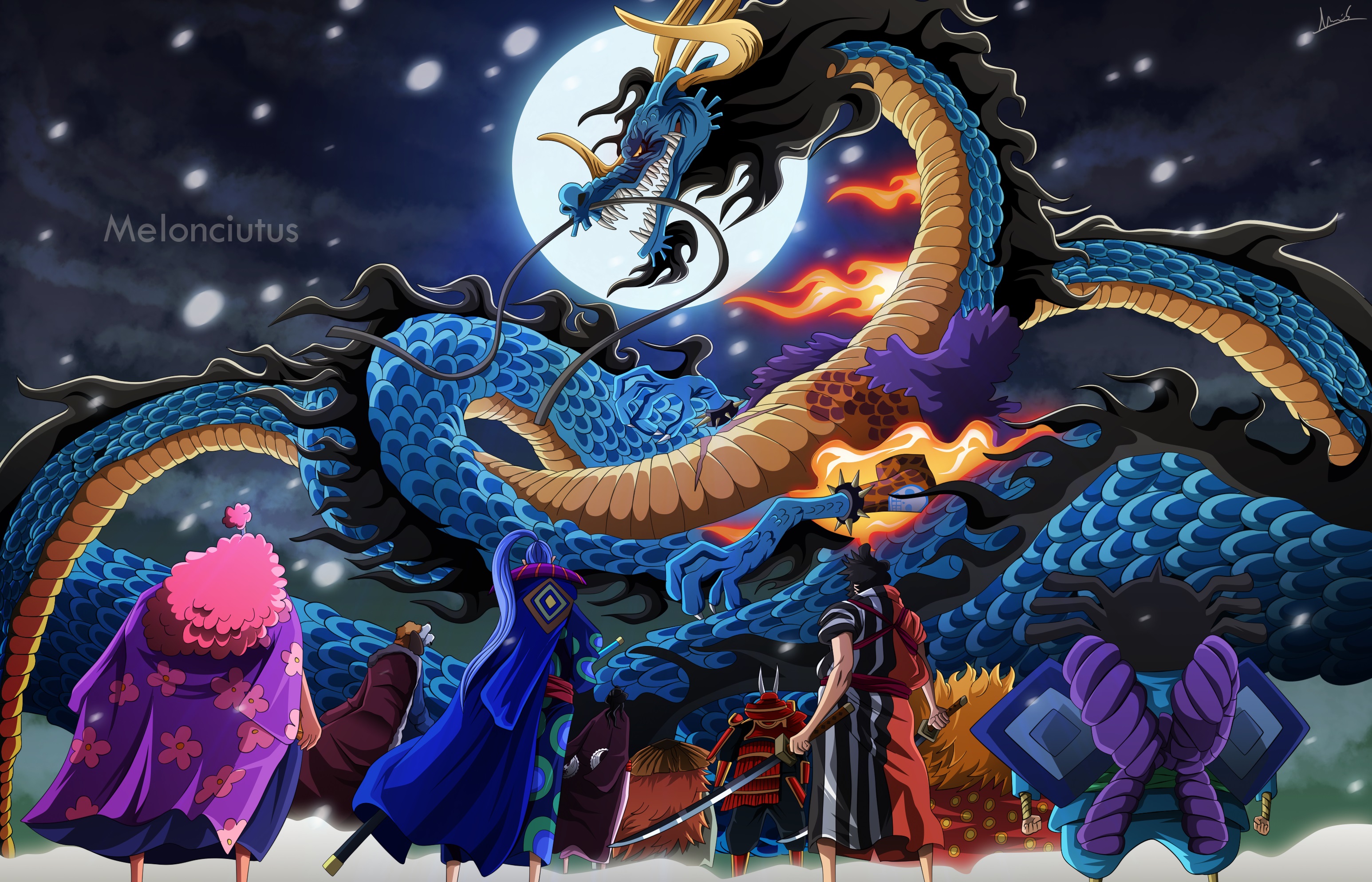 One Piece Kaido Low Angle Anime Cartoon Chinese Dragon Men From Behind Moonlight Sword 3092x1988